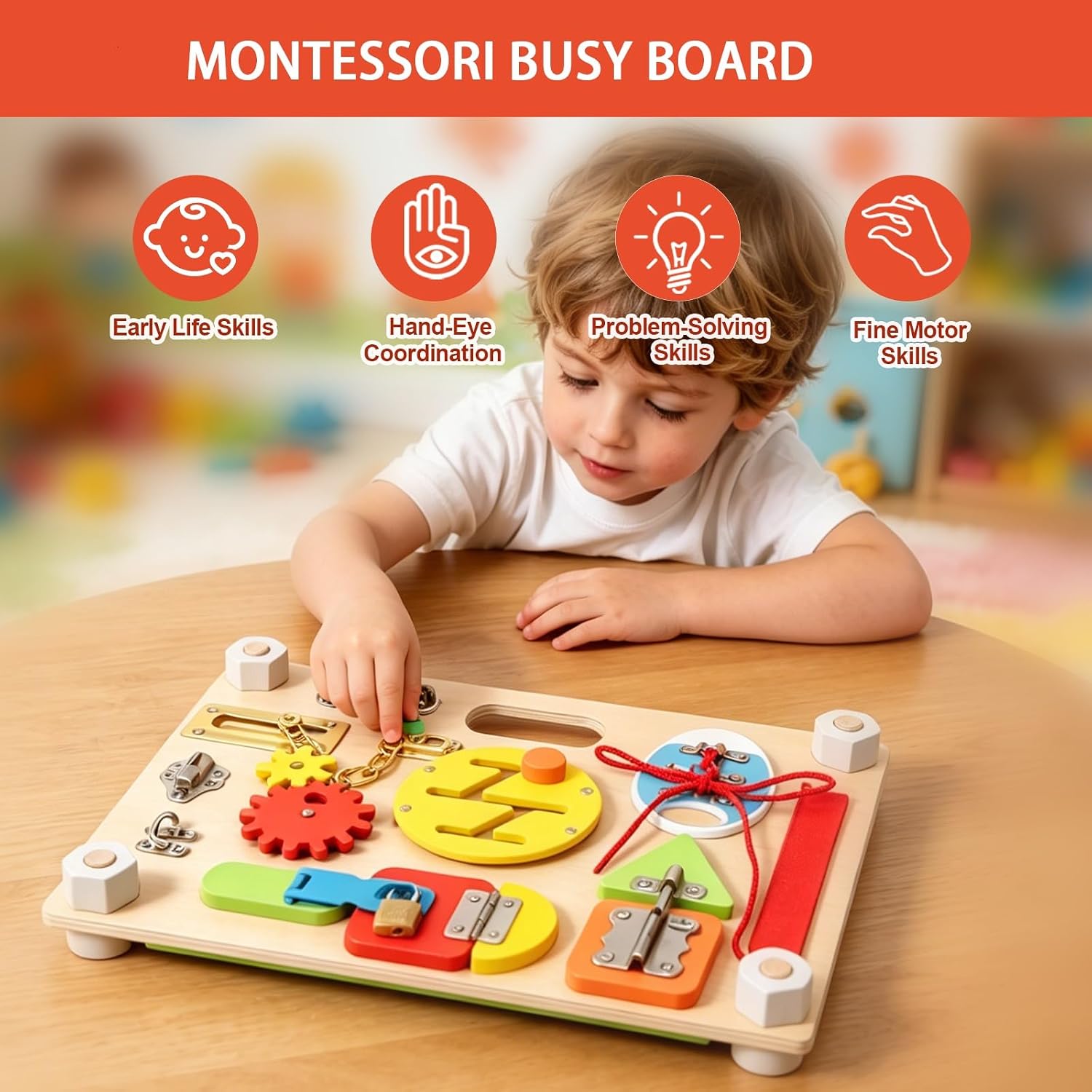Thumbnail 1 de Toddlers Montessori Toy: Large Double-Sided Wooden Busy Board for Fine Motor Skills
