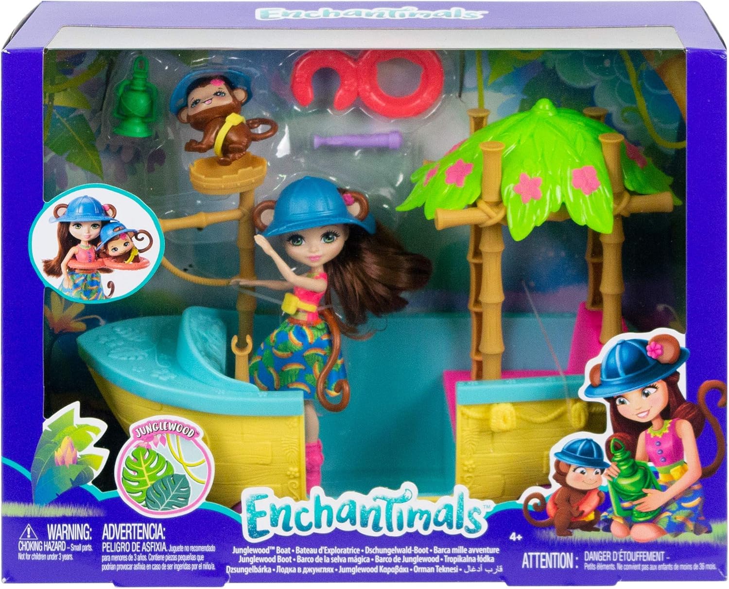 Detalle de Enchantimals Coffret Bateau d'Exploratrice à roulettes, Mini-poupée Merit Singe (GFN58) — jeu d’imagination et d’amitié