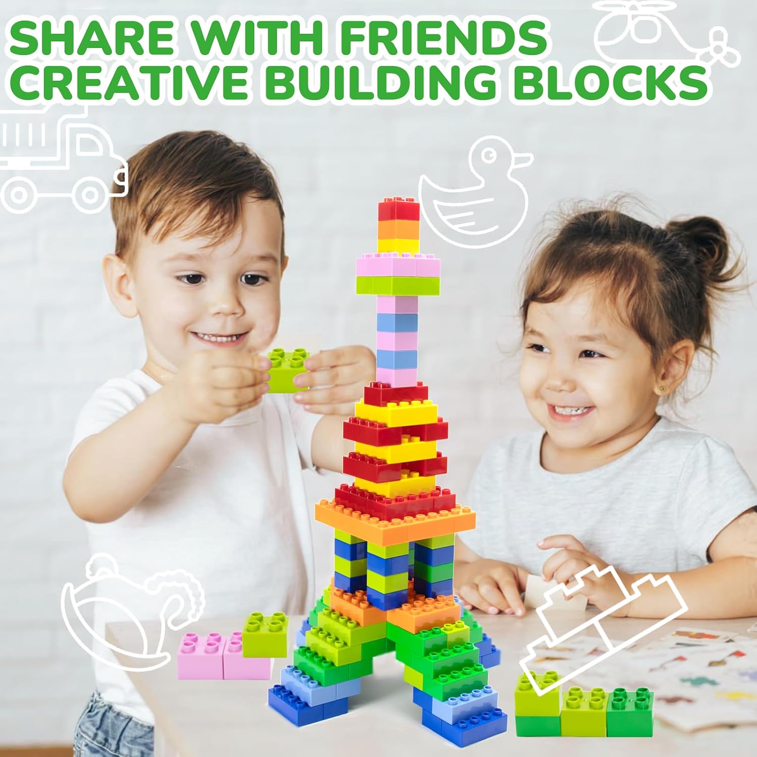 Detalle 2 de Mirthben Große Bausteine Set (200 Stück) mit 2 Formen und 8 Farben – kompatibel mit Duplo & führenden Marken