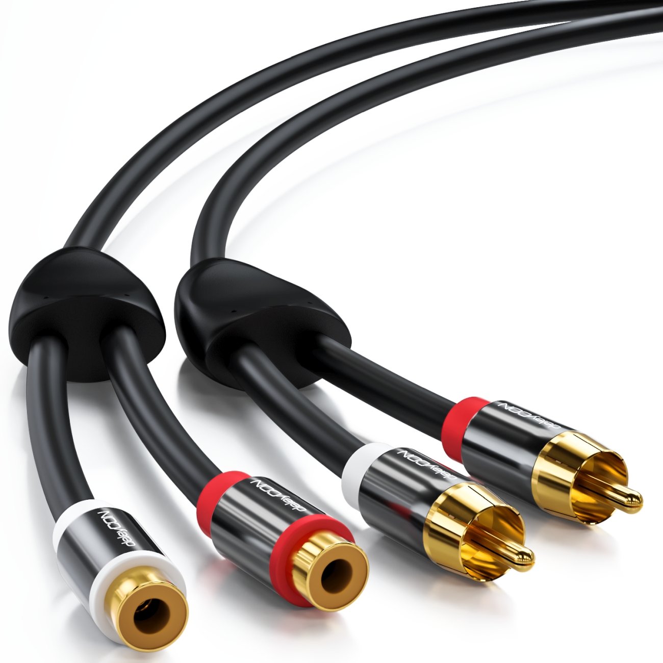 Detalle de deleyCON 2m Cinch RCA Verlängerungskabel – 2x Stecker zu 2x Buchse, vergoldete Metallkontakte, Schwarz