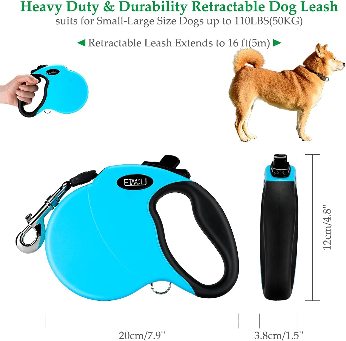 Detalle de ETACCU Retractable Dog Lead 16.4ft – Extendable, Tangle-Free, 1-Handed Brake, Reflective for Small Dogs (≤44 Lbs) – Blue
