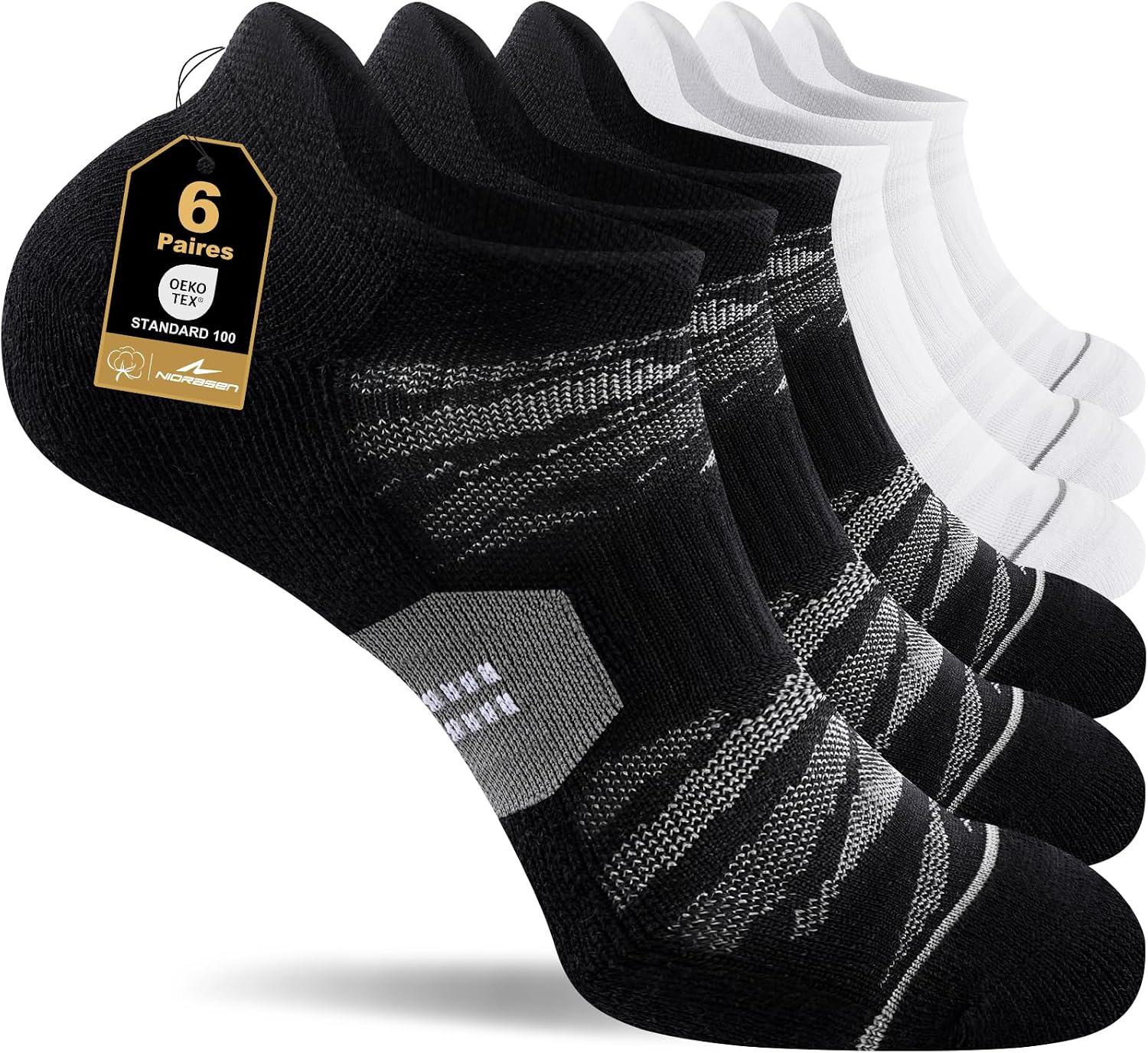 Detalle de Niorasen sneakersockor i bomull, korta och andningsbara med fodrad häl, 6 par