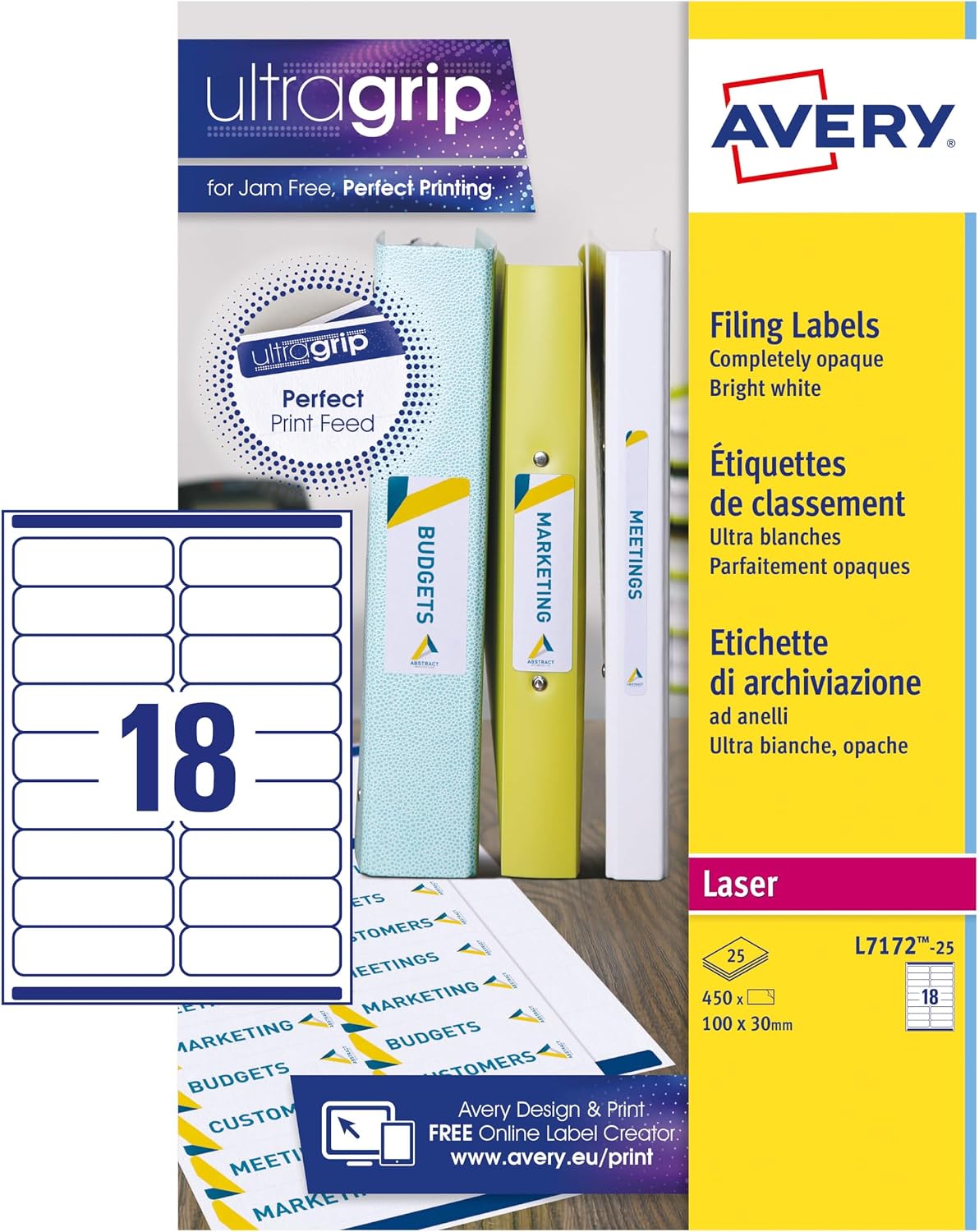 Avery L7172-25 Printable, Customisable Ring Binder File Labels (18 per A4 Sheet) in White
