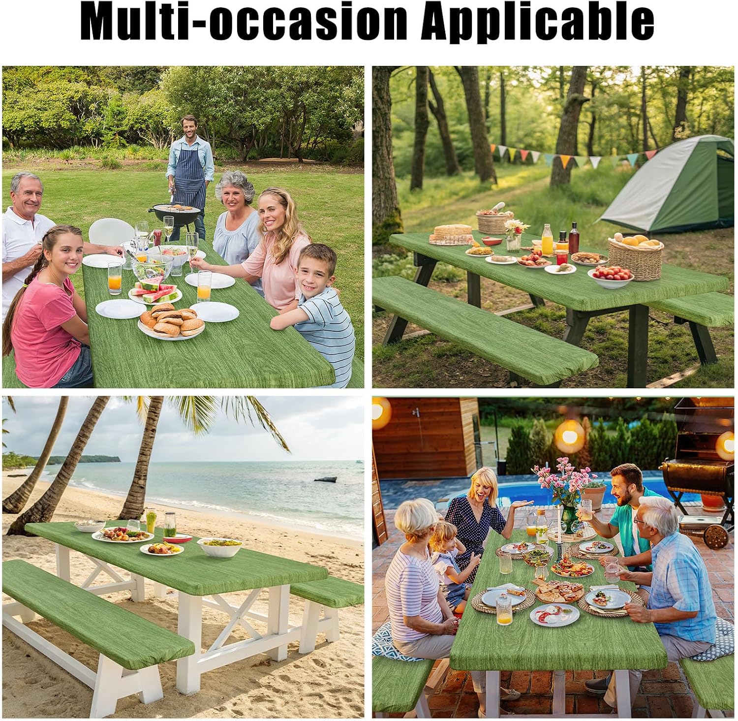 Thumbnail 5 de Smiry Picnic Table Cover with Bench Covers – 3-Piece Waterproof Set for 96x30 Table & 96x12 Benches (Green & Black)