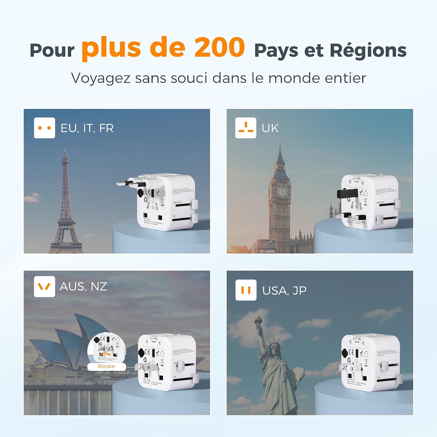 Detalle 2 de TESSAN Lot de 2 Adaptateur Prise Universelle – ultra fin, voyage sans souci