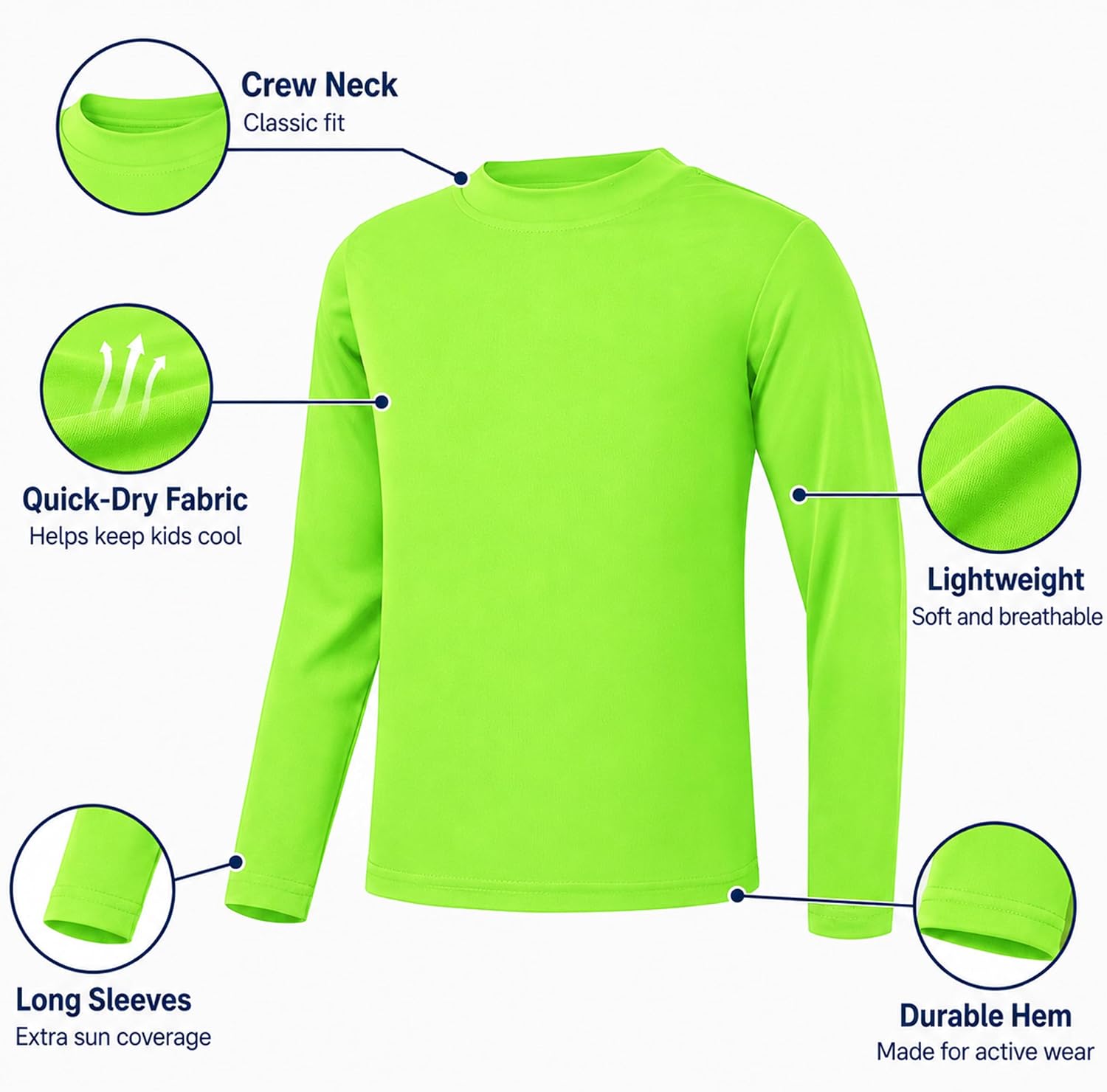 Detalle 2 de QBK UPF 50+ Dry Fit Long Sleeve Neon Rash Guard T-Shirt for Kids (3T–16Y)