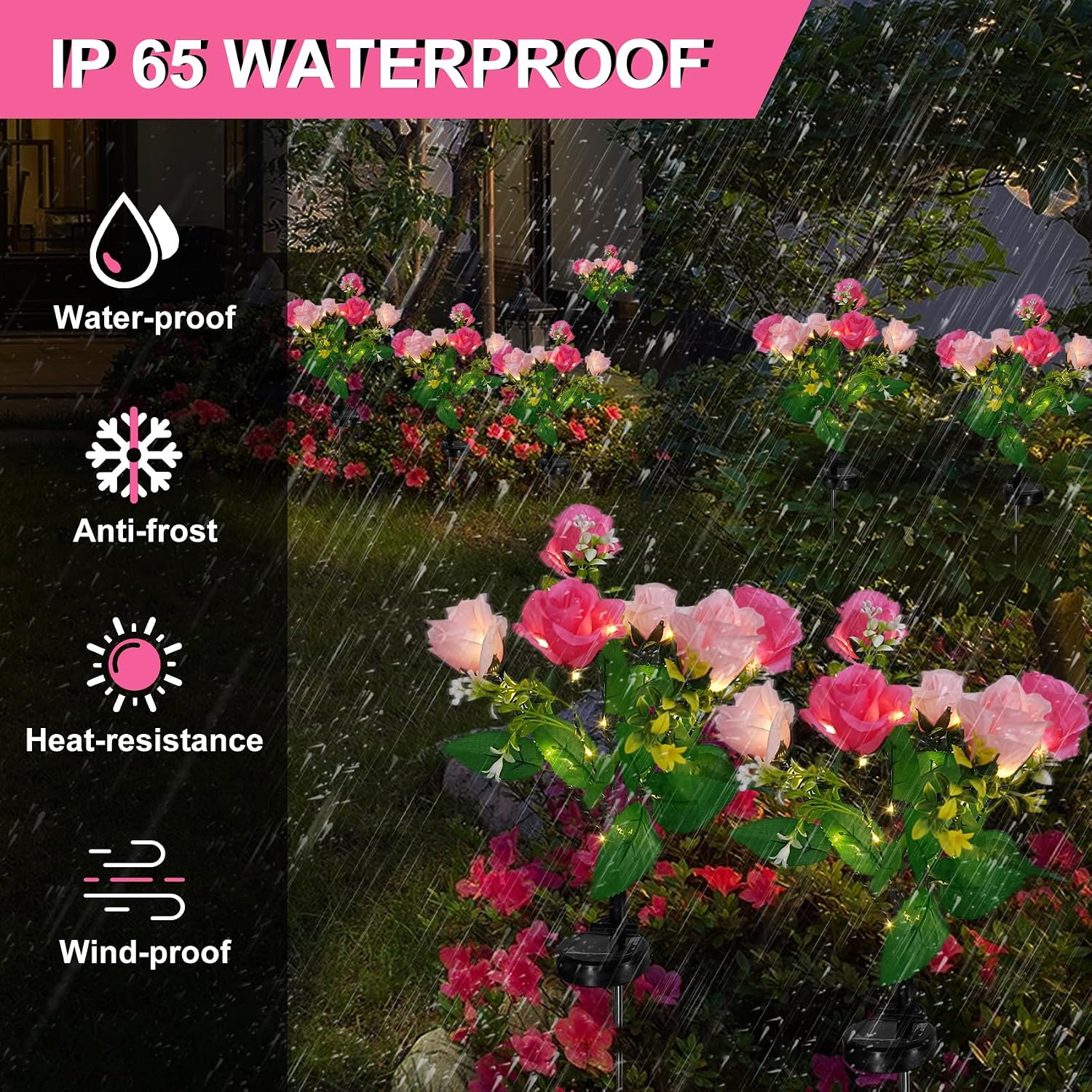 Thumbnail 3 de 2 Pack Rose Solar Flower Outdoor Lights – IP65 Waterproof Pink Rose Petals for Garden, Patio, and Pathways