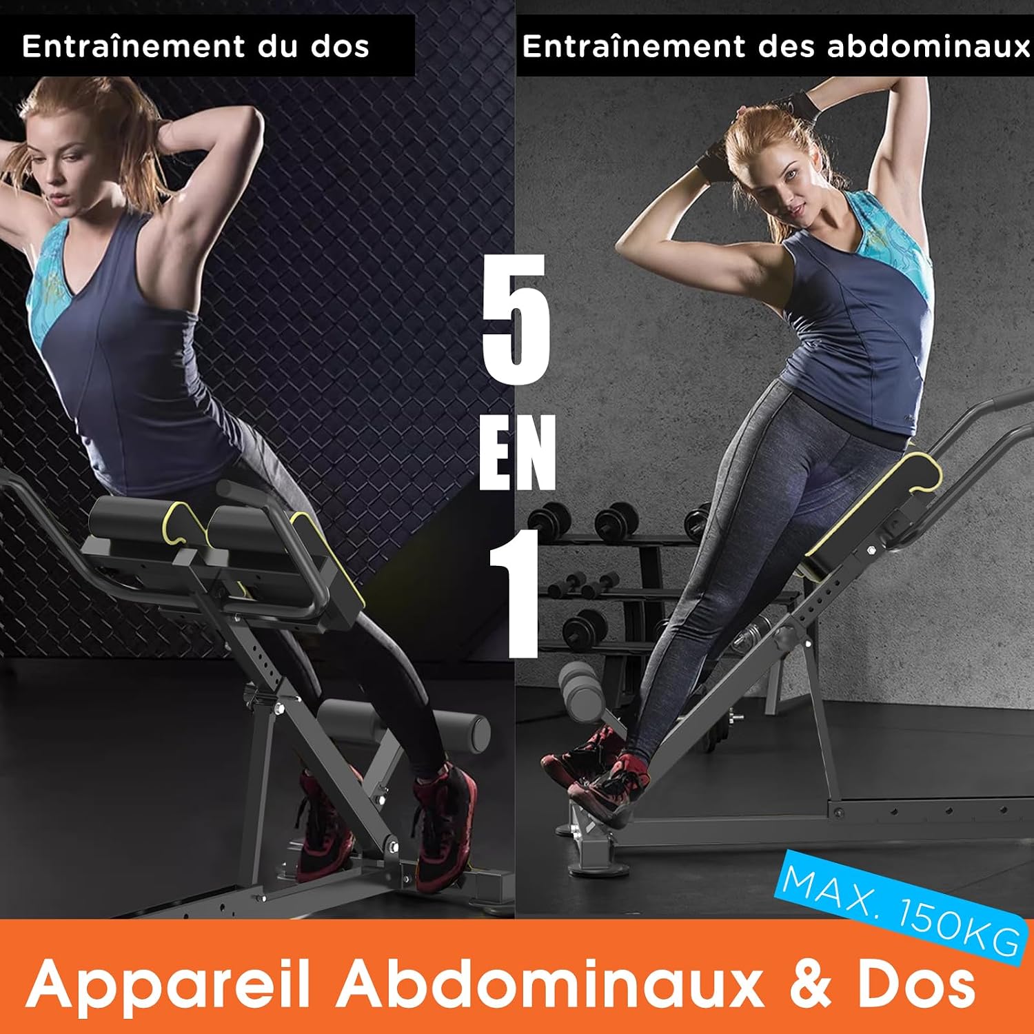Detalle de DH FitLife Chaise romaine 5-en-1 pliable pour hyperextensions, dips et abdominaux (jusqu’à 150 kg)