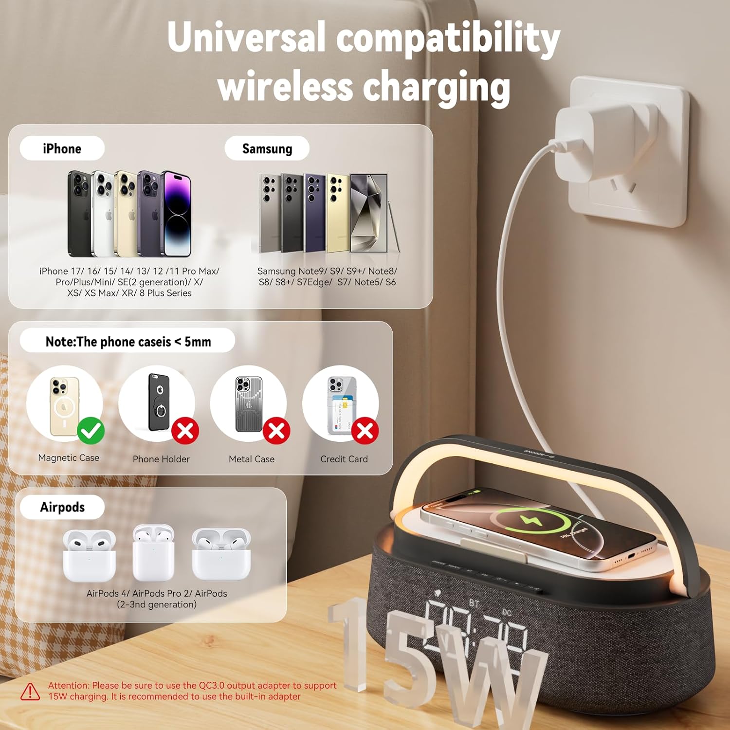 Detalle de FREEFISH Bluetooth Speaker with Wireless Charger – 15W Quick Charge, FM Radio, Dual Speakers & Adjustable LED Night Light