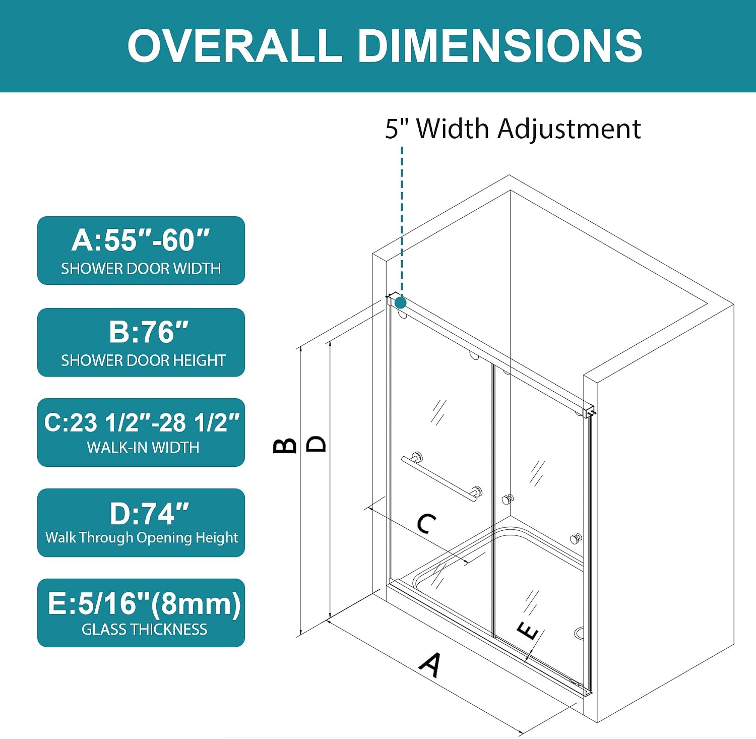 Detalle 2 de EPDXLXM Frameless Double Sliding Shower Door, 55–60-Inch Width