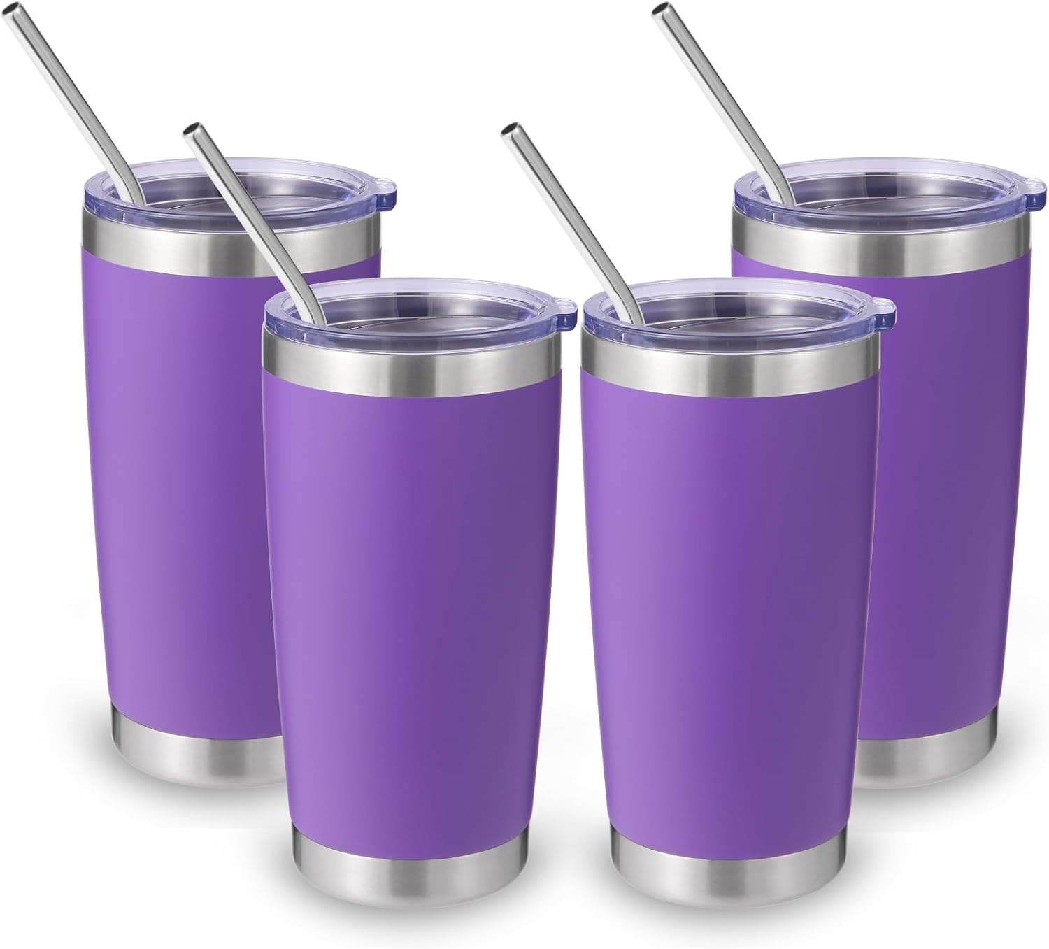 Detalle de Volhoply isolerade muggar i rostfritt stål, lila 4-pack med lock och sugrör