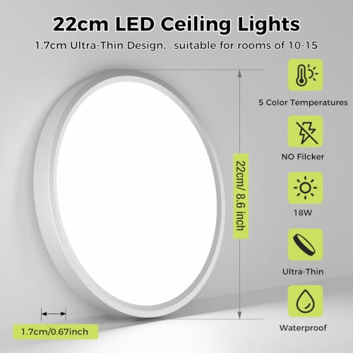 Thumbnail 5 de hepside Bathroom Light 22cm 5CCT 18W – Slim, Waterproof Ceiling Light for Bathroom, Kitchen and More