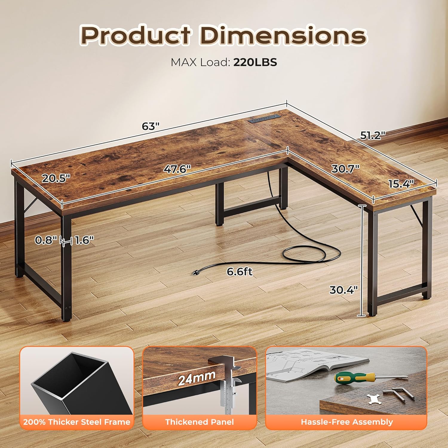 Thumbnail 2 de Huuger 63-Inch L-Shaped Desk with Power Outlets, Reversible Design and 0.95-Inch Top