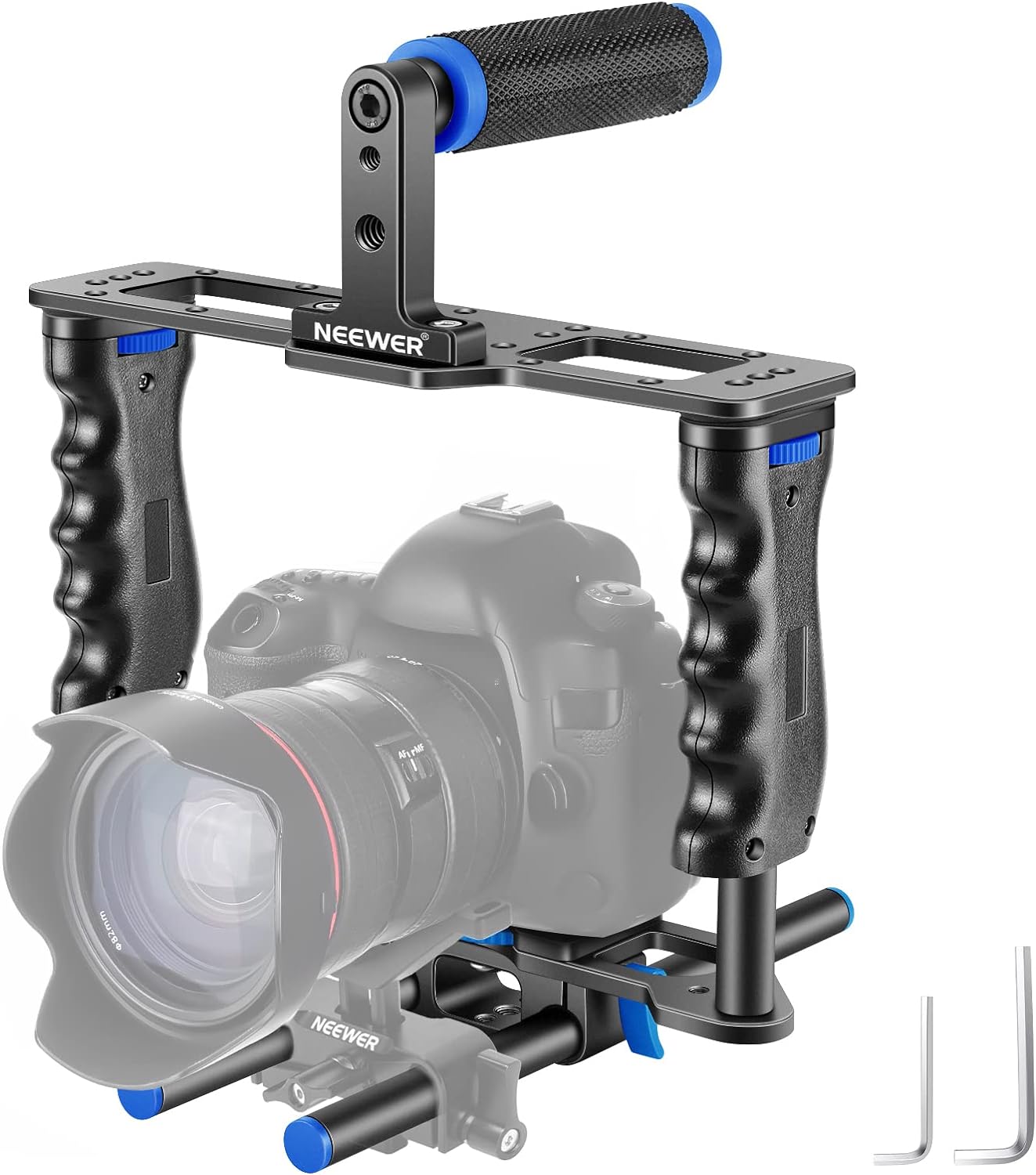 Detalle de Neewer kit cage vidéo en aluminium pour appareil photo (poignée supérieure, double poignée, 2 tiges 15 mm) Noir + Bleu