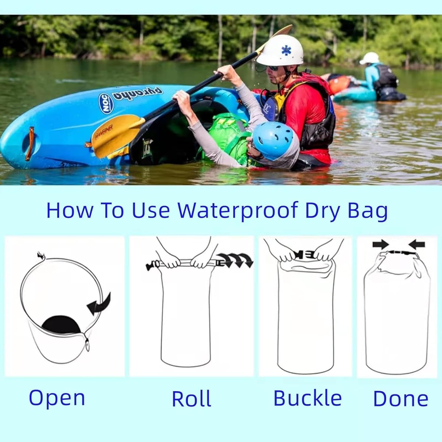 Detalle 2 de Sac étanche 10L/20L/40L/70L/90L en polyester 210T, fermeture enroulée — jaune (pour kayak, plage, randonnée)