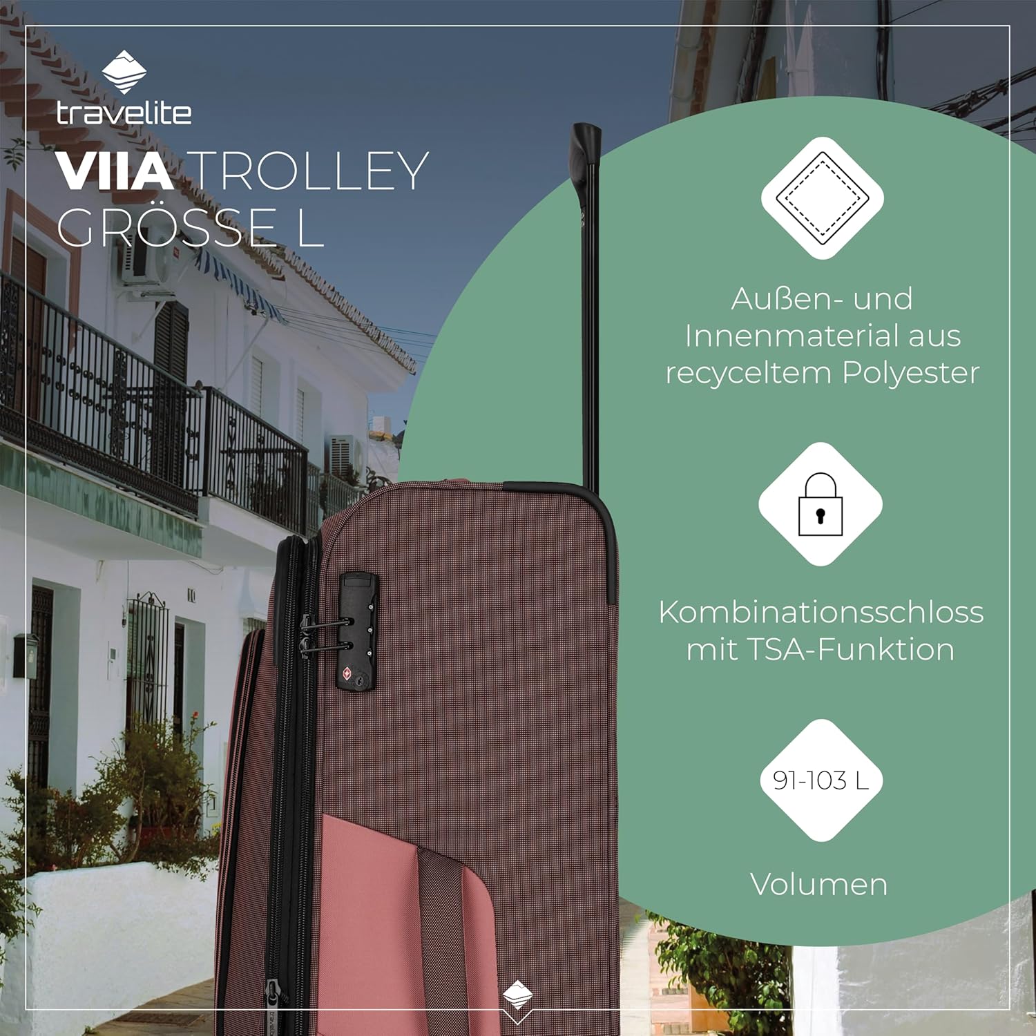 Detalle 2 de travelite 4-Rad Trolley Größe L „VIIA“ mit Dehnfalte, TSA-Schloss und Weichschale aus recyceltem Polyester