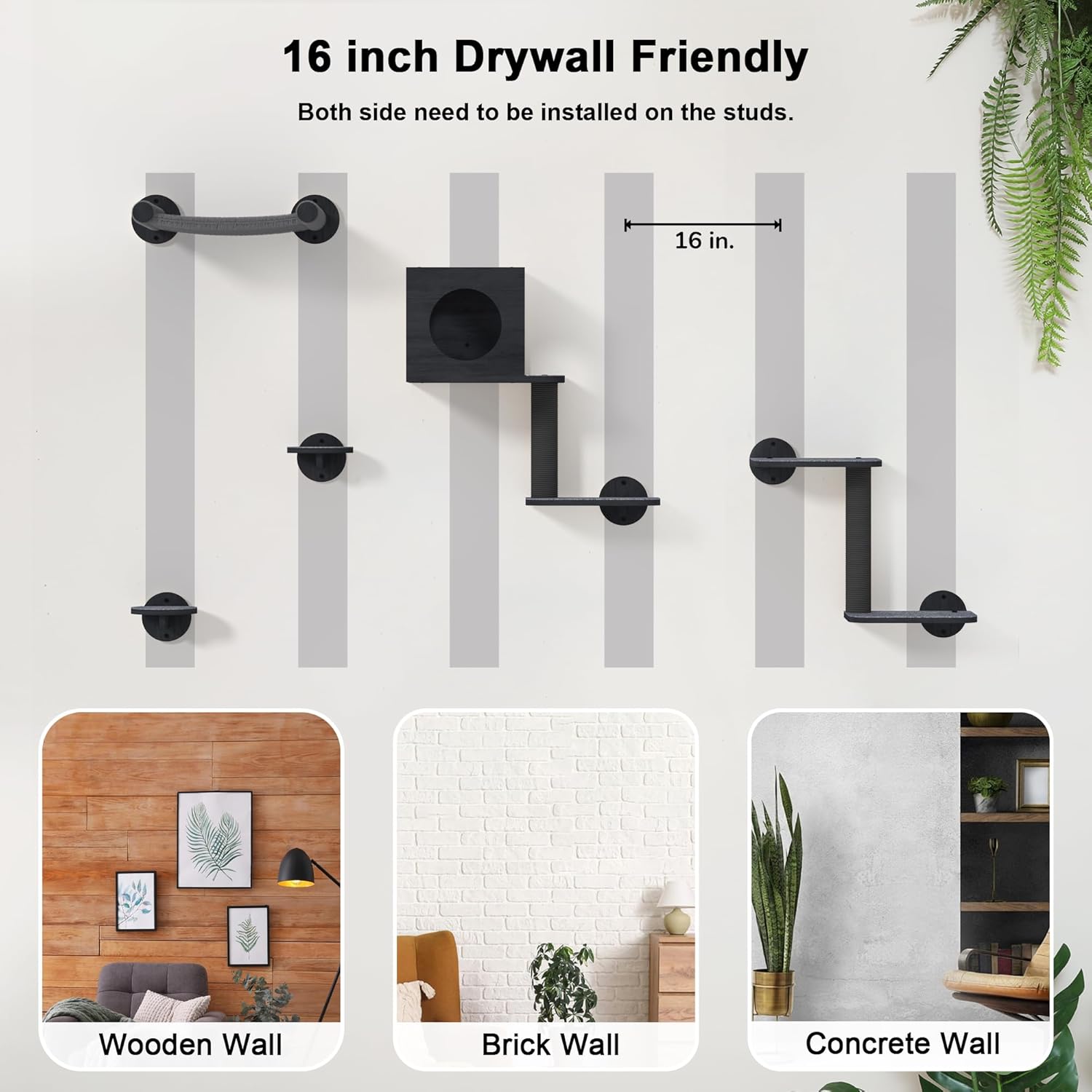 Thumbnail 6 de FUKUMARU 5-Piece Cat Wall Shelves – Stable Wooden Wall-Mounted Furniture Set with Kitty Climber, Hammock, Steps, Scratching Post and Hideaway (Black)