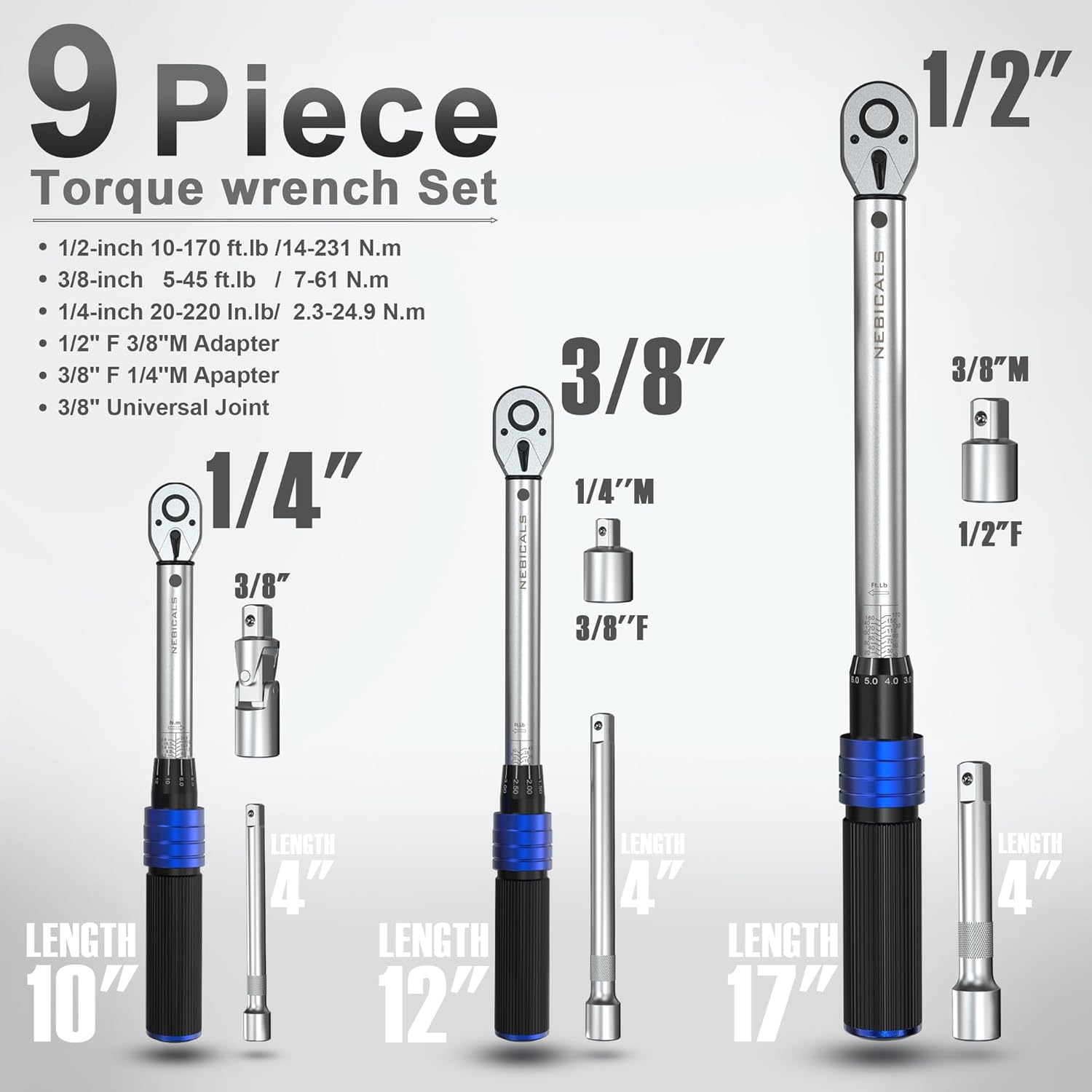 Detalle 2 de 9-Piece Torque Wrench Set with 1/4, 3/8, 1/2 Drives and Extensions