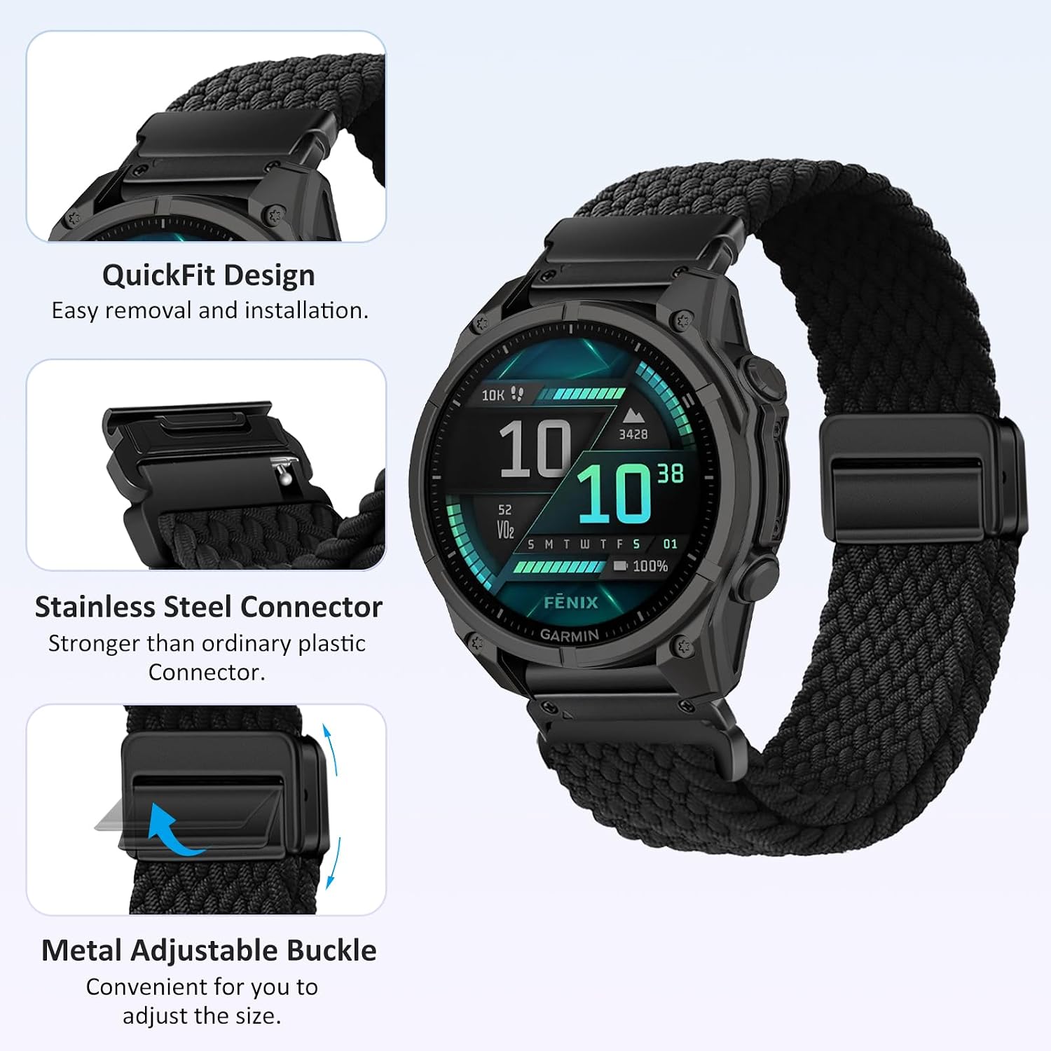Detalle de RosMank 20mm Quickfit Braided Nylon Watch Band for Garmin Fenix and Instinct Series