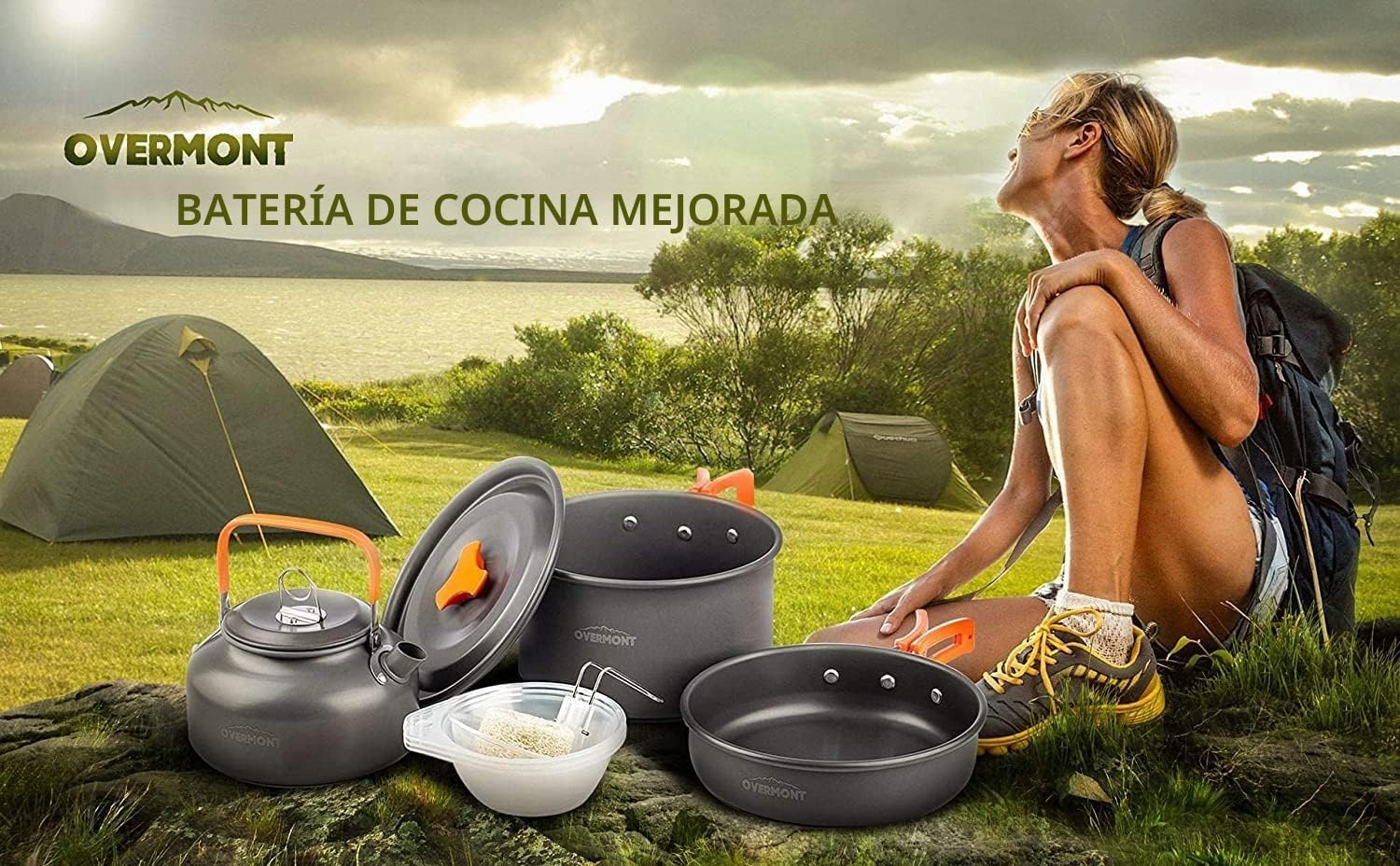 Thumbnail 1 de OVERMONT 14Pcs Kit de Utensilios de Cocina para Acampada: Olla, Sartén y Tetera en Aluminio