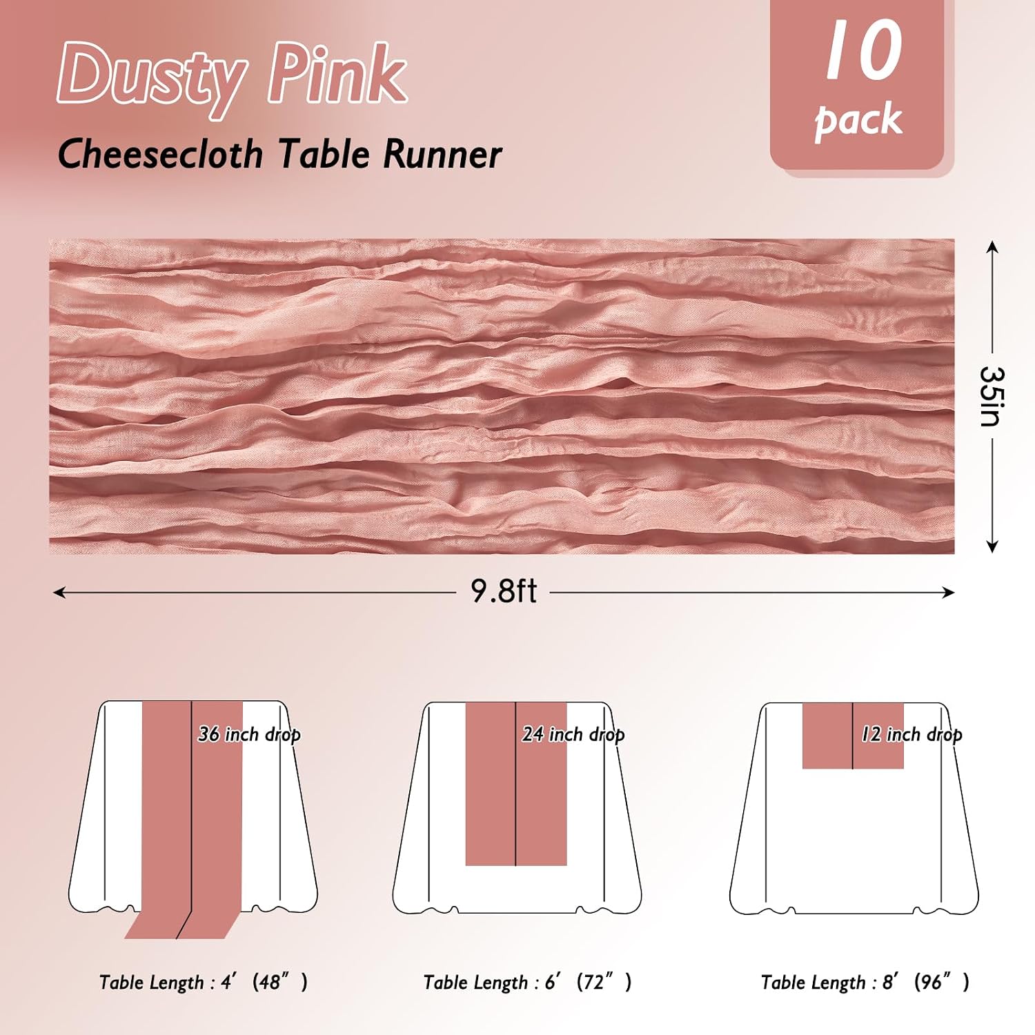 Detalle de 8 Pack Dusty Pink Cheesecloth Table Runner 120 Inch (10 Ft) – Gauze Cloth for Wedding, Baby Shower, Boho Decor