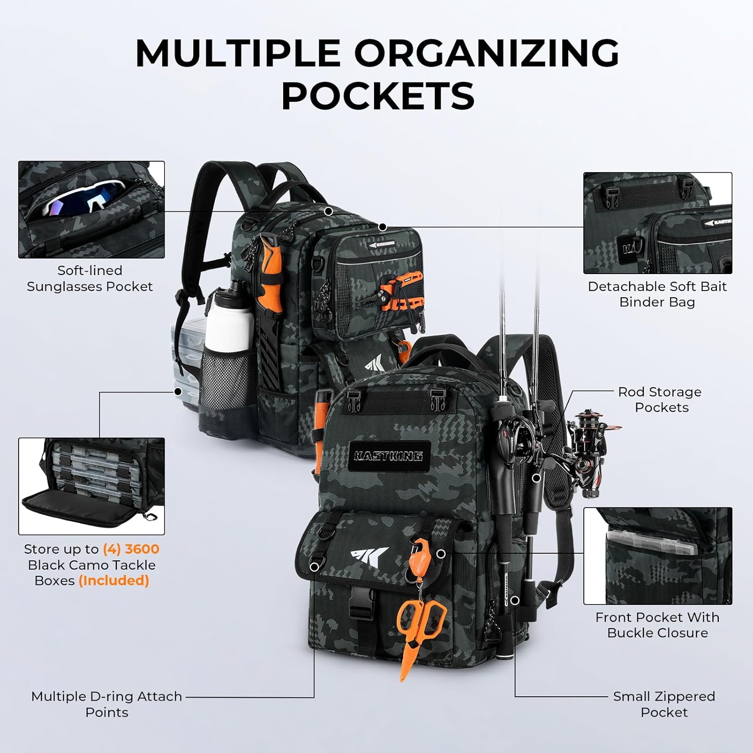 Thumbnail 3 de KastKing BaitSpace 50L Fishing Tackle Backpack with Removable Bait Binder and 2 Rod Holders