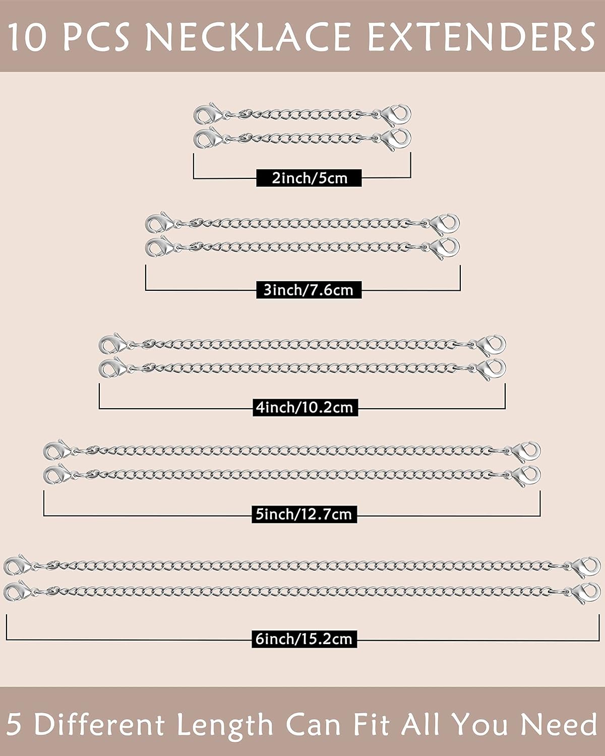 Detalle 2 de OHINGLT 01 Necklace Extender Set, 10 Silver-Plated Stainless Steel Chains