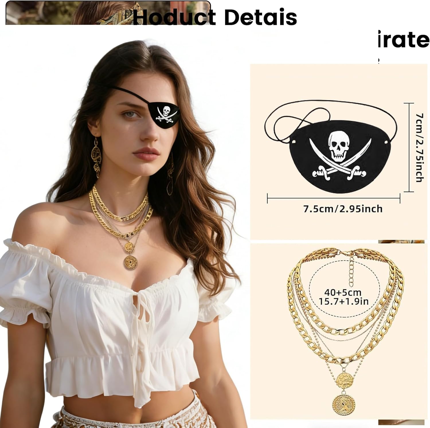 Detalle de HONHHUO piratset för dam, 4 delar med korsett, 3D-ögonlapp och halsband