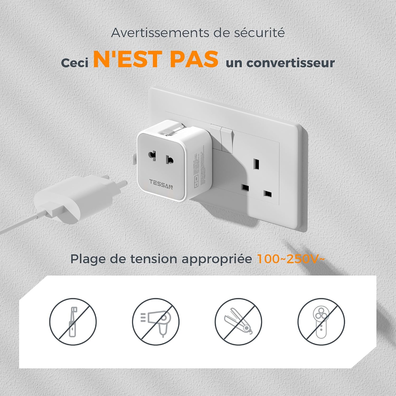 Detalle 1 de TESSAN Lot de 2 Adaptateur Prise Universelle – ultra fin, voyage sans souci