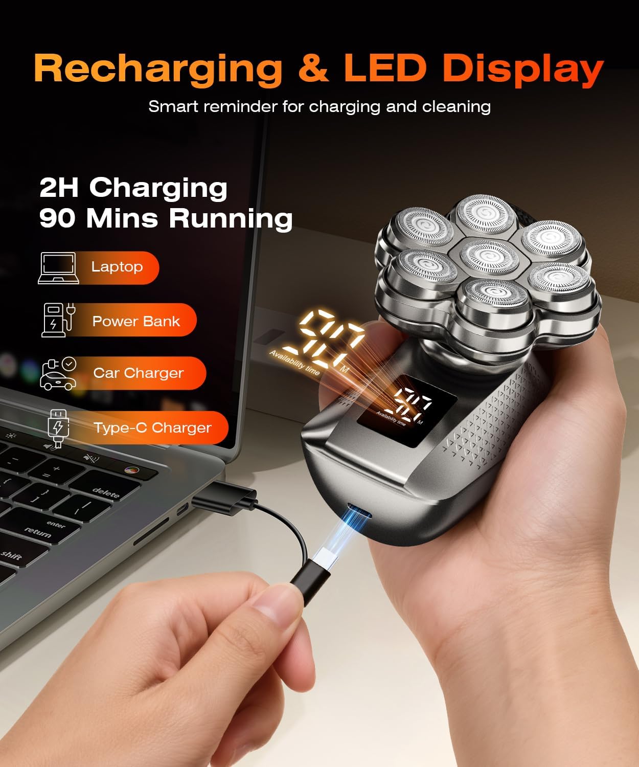 Detalle de TEPOTZ 7D Head Shavers (5-in-1) — Waterproof Wet/Dry Rotary Electric Shaver Kit for Men & Women