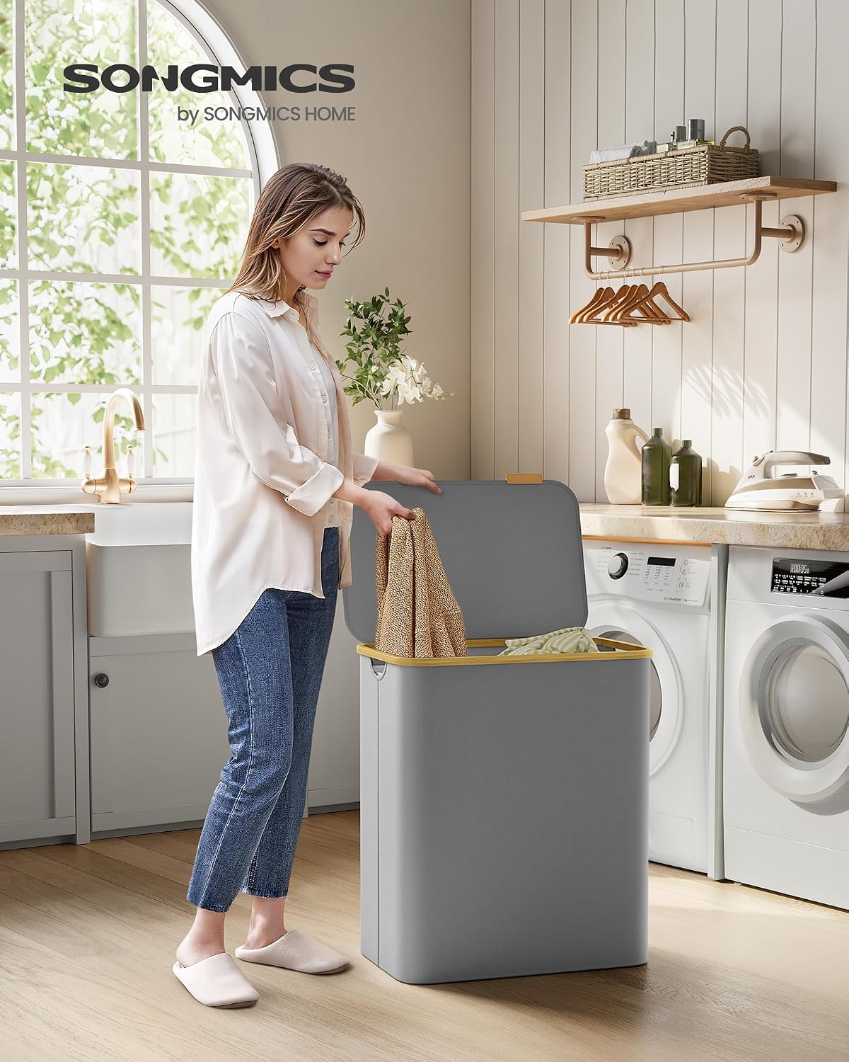 Detalle 2 de SONGMICS Wäschekorb 3 Fächer mit Deckel 150 L