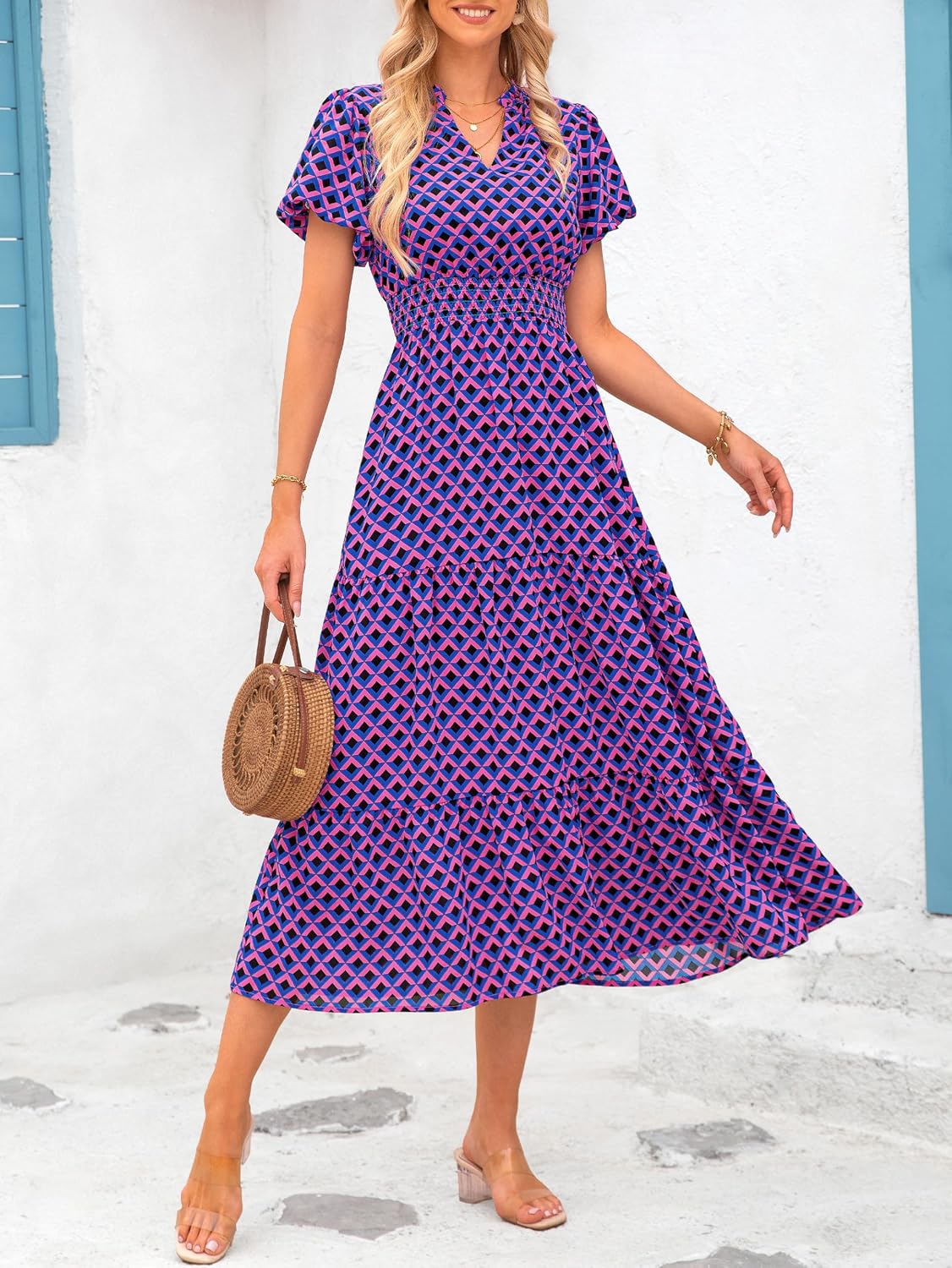 Detalle de MASCOMODA Summer Maxi Dresses for Women (2026) Floral V-Neck Smocked Puff Sleeve Boho Long Dress