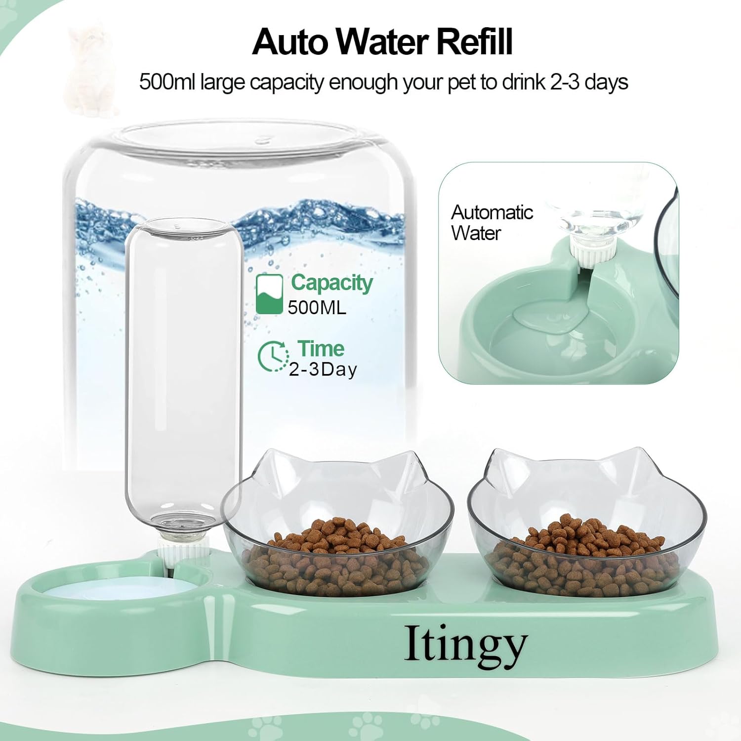 Detalle 2 de Itingy 3-In-1 Cat Food and Water Bowl Set with Tilted Stand and 15° Design
