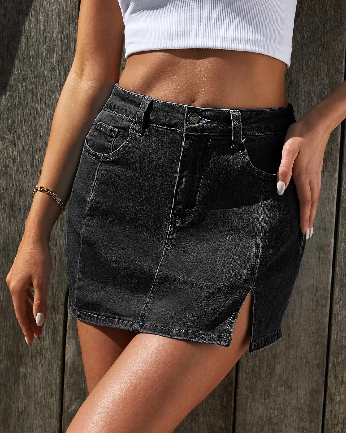 Thumbnail 2 de Vetinee High-Waisted Jean Skorts for Women with Slit & Stretch Denim (Shorts-Backed)