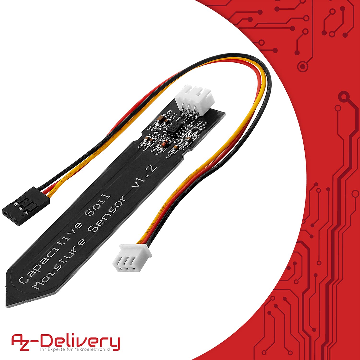 Detalle 2 de AZDelivery 5x sensori di umidità del suolo capacitivo V1.2 con modulo igrometro (compatibile con Arduino) + e-book
