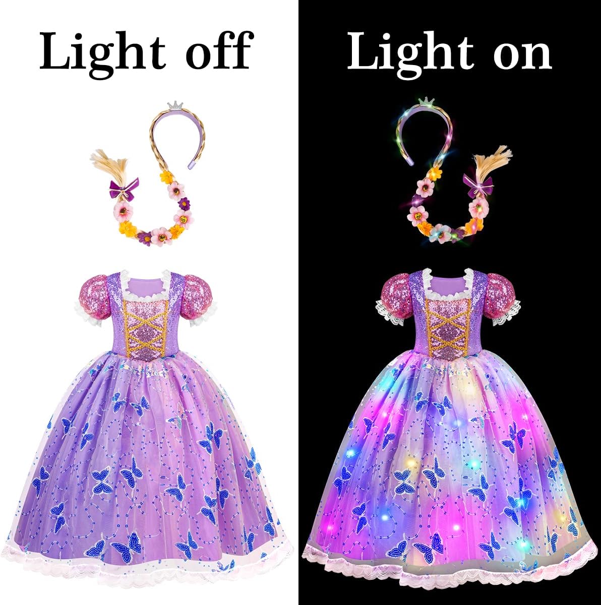 Detalle de Meland Prinzessin-Kostüm Mädchen (Lila Prinzessin Kleid mit Perücke & Krone) – leuchtende Lichtkette, 3–10 Jahre