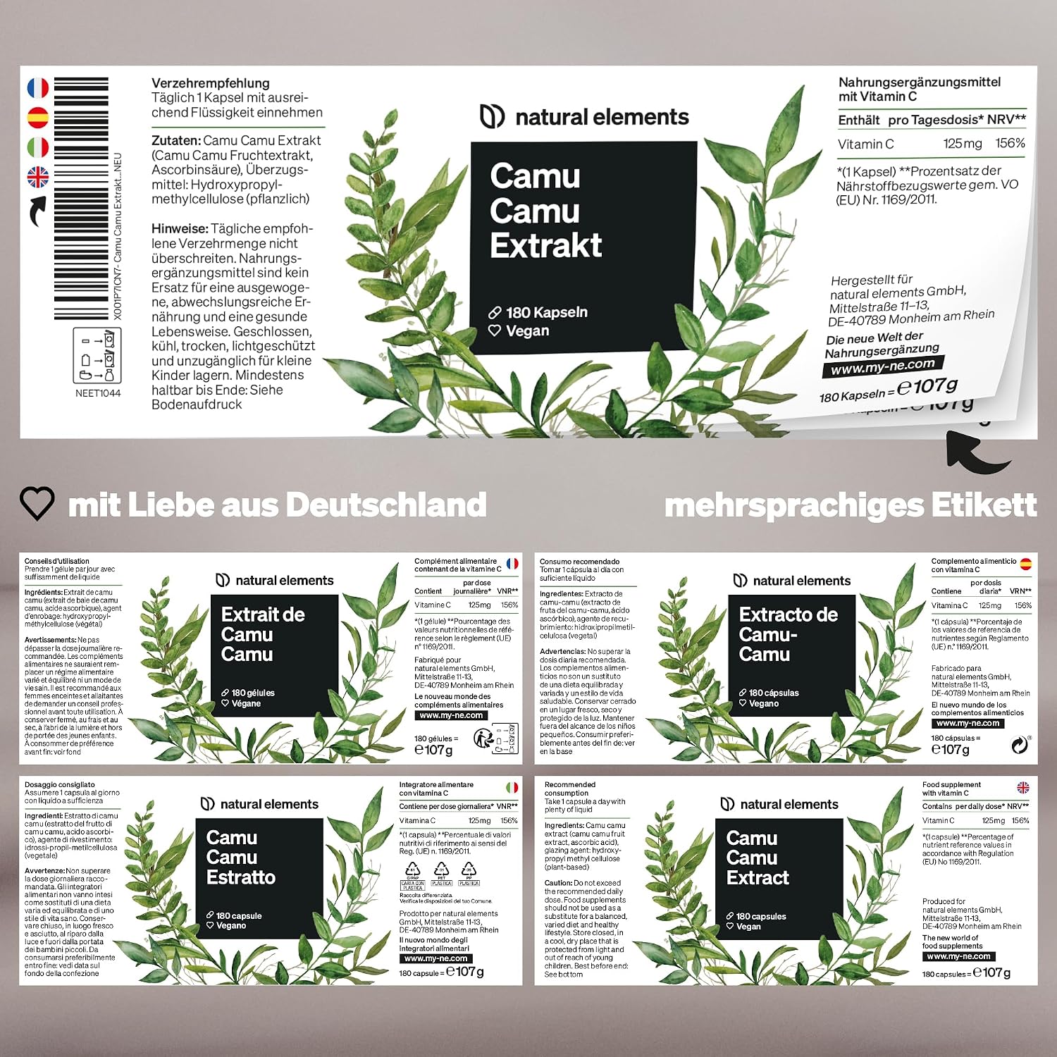 Thumbnail 5 de natural elements Camu Camu Extrakt Kapseln 500 mg Vitamin C Naturkapseln