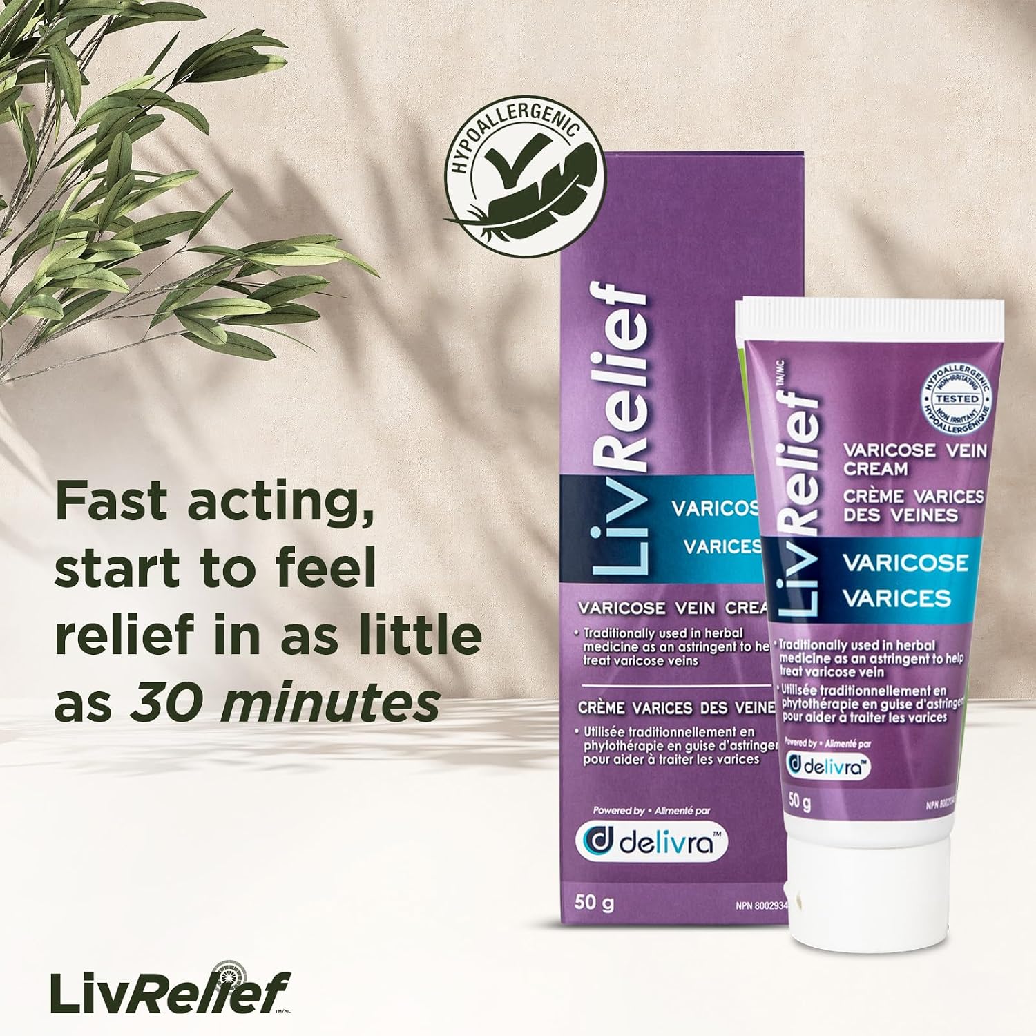 Detalle 2 de LivRelief Varicose Vein Relief Cream, 50 g, Menthol, Unscented