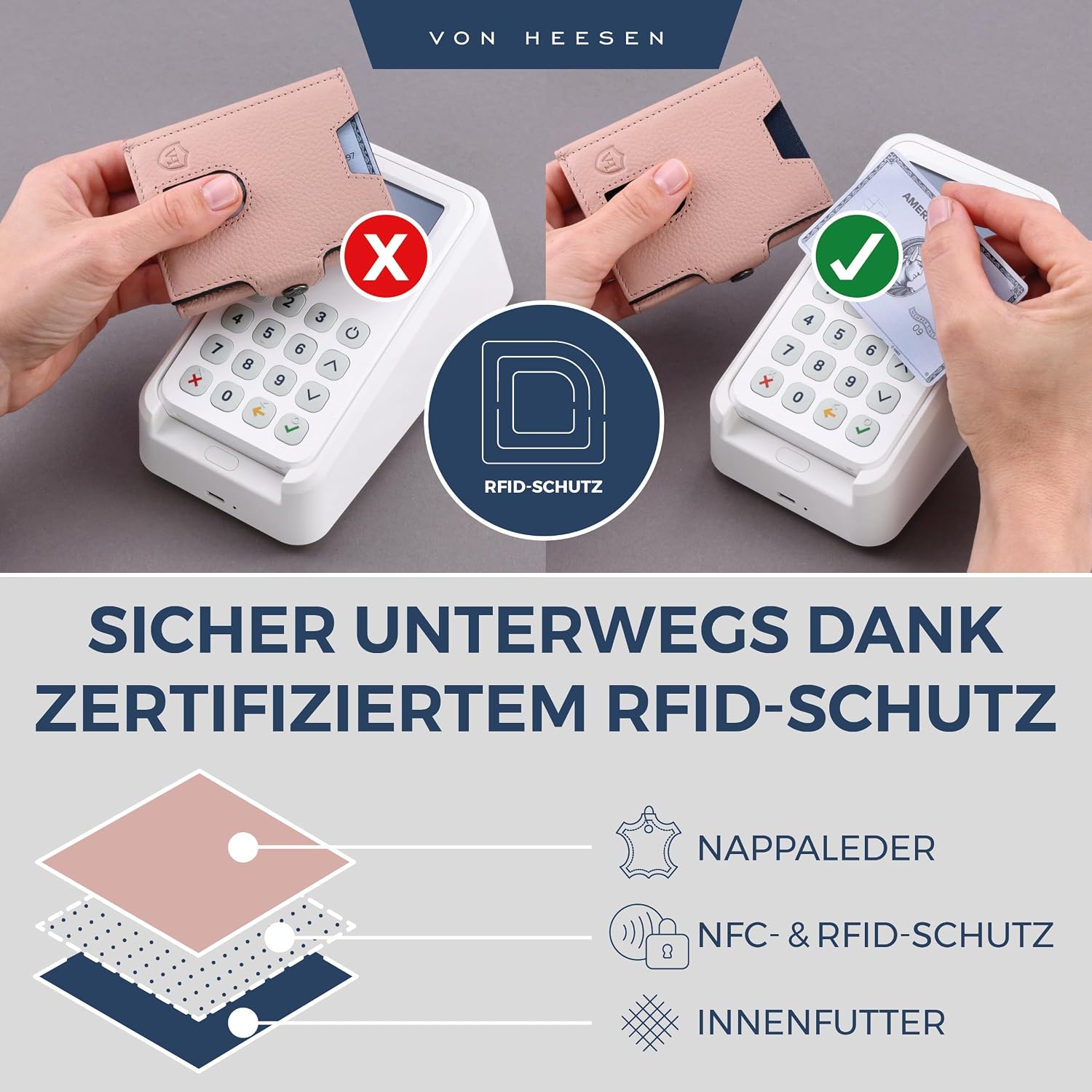 Thumbnail 2 de VON HEESEN Slim Wallet mit XL Münzfach und RFID-Schutz – Nappa-Leder Kartenetui Rose