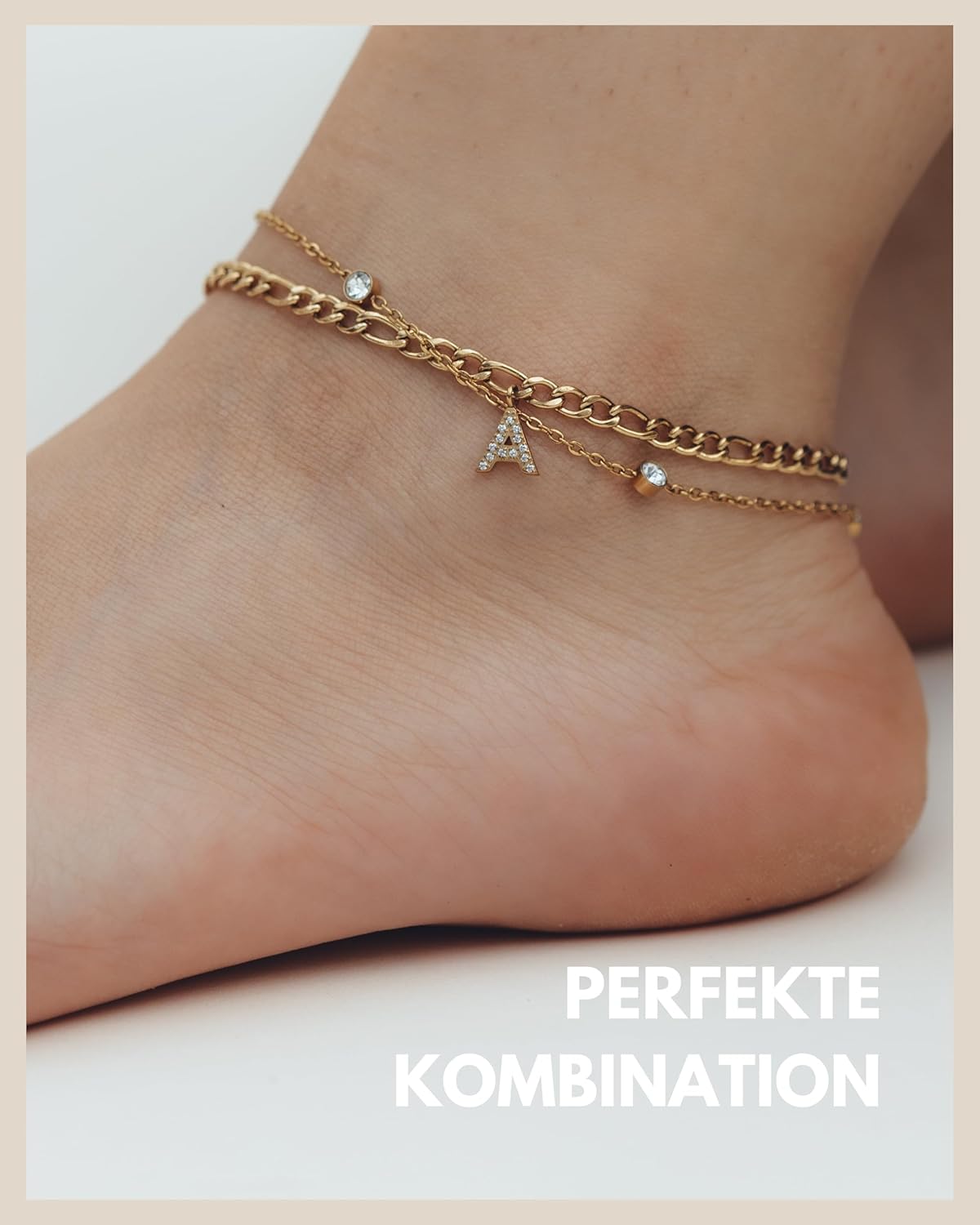 Detalle de GD GOOD.designs Zirkonia-Fußkette für Damen wasserfest, verstellbar 22–27 cm (Edelstahl, 18K Gold & Silber)