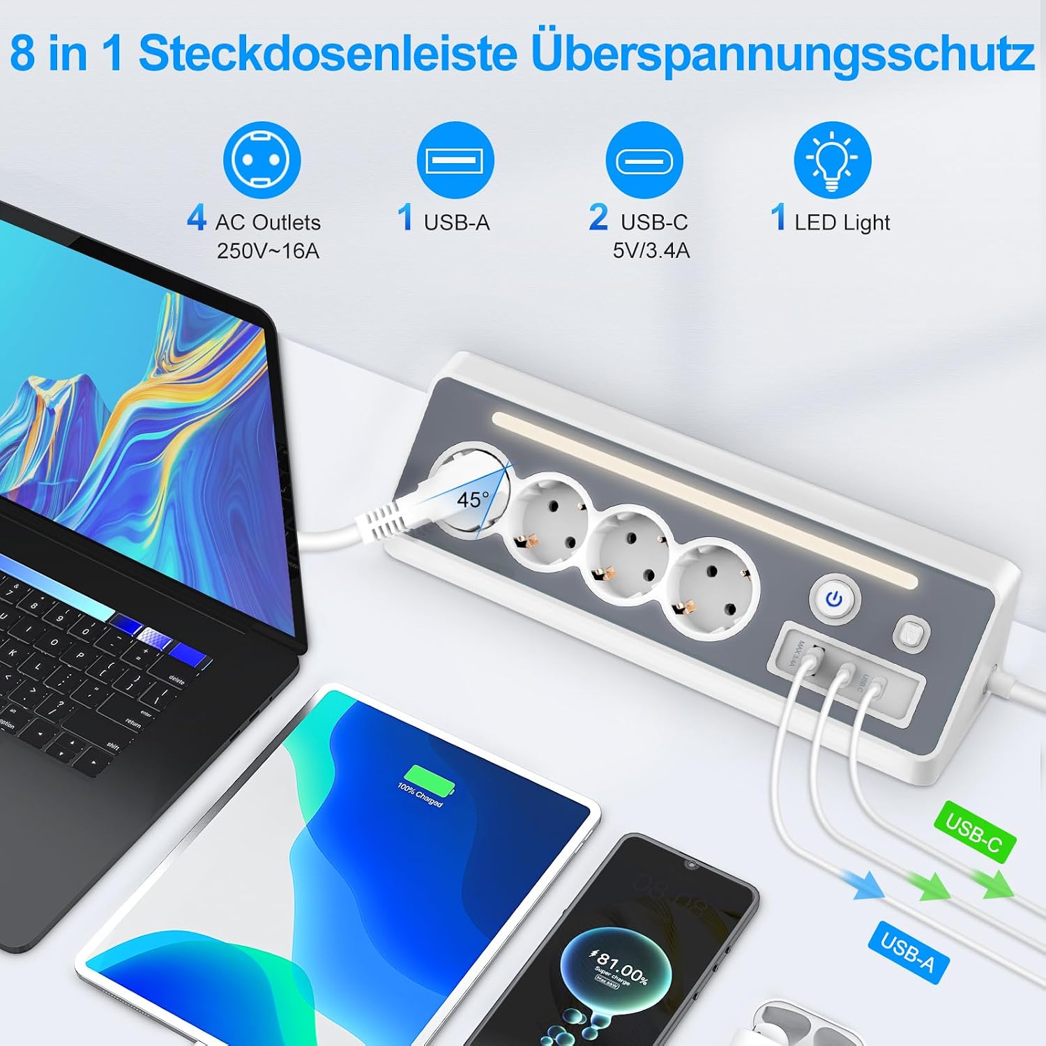 Detalle de Steckdosenleiste mit 2 USB-C, 4-fach Flachstecker und Überspannungsschutz – kompakt & flexibel