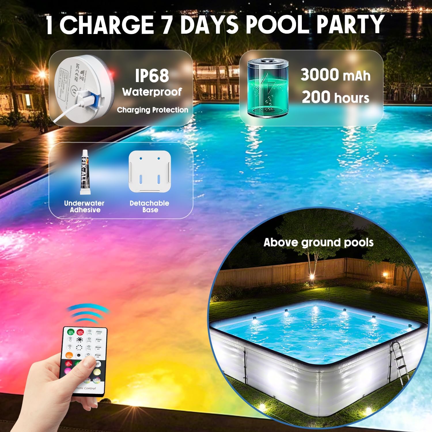 Thumbnail 3 de idyl light Unterwasser-Poolbeleuchtung, wiederaufladbar mit Fernbedienung (2 Stück, IP68)