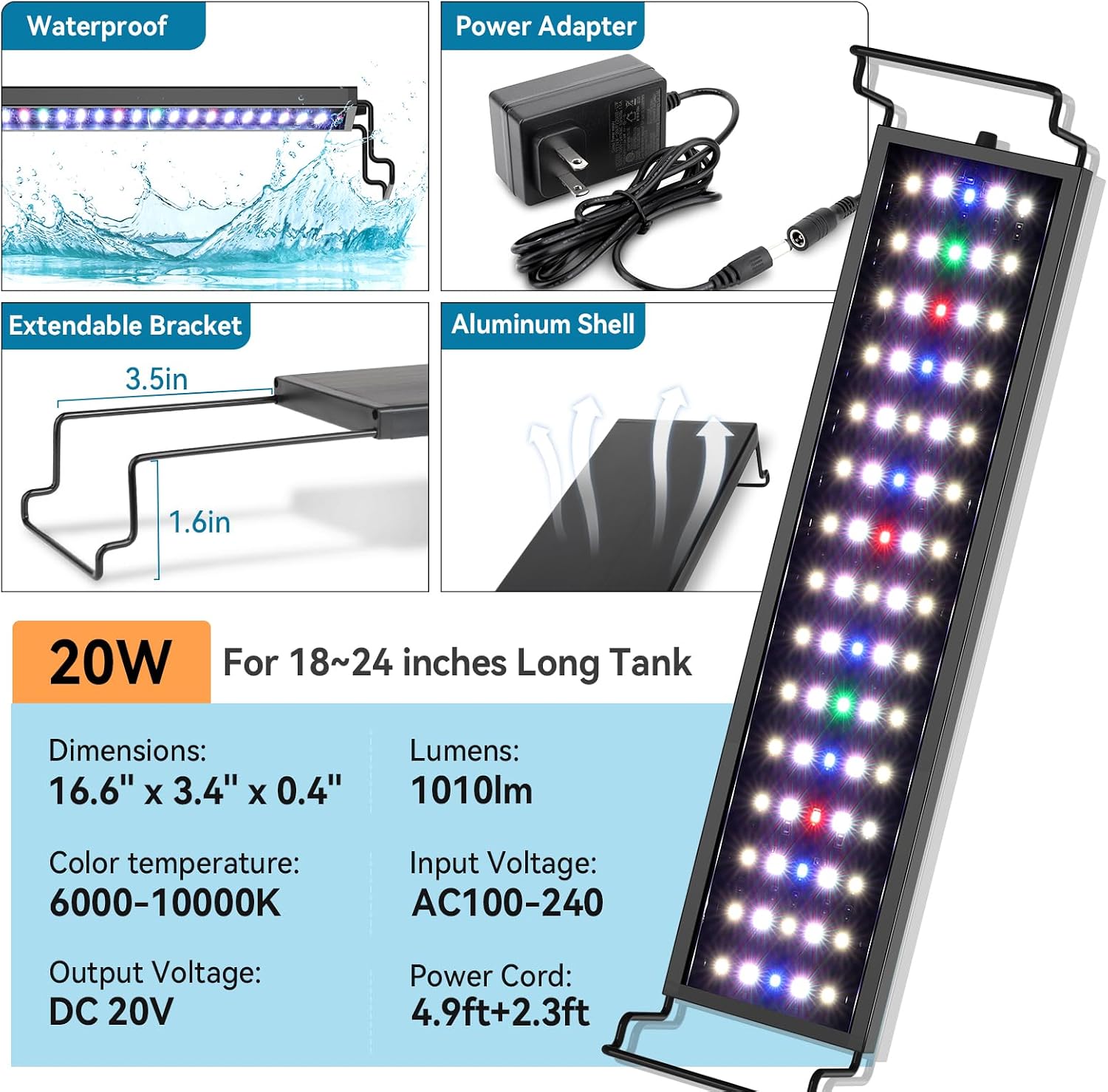Detalle de Hygger 20W Aquarium LED Light: Full Spectrum, 24/7 Cycle & Auto On/Off