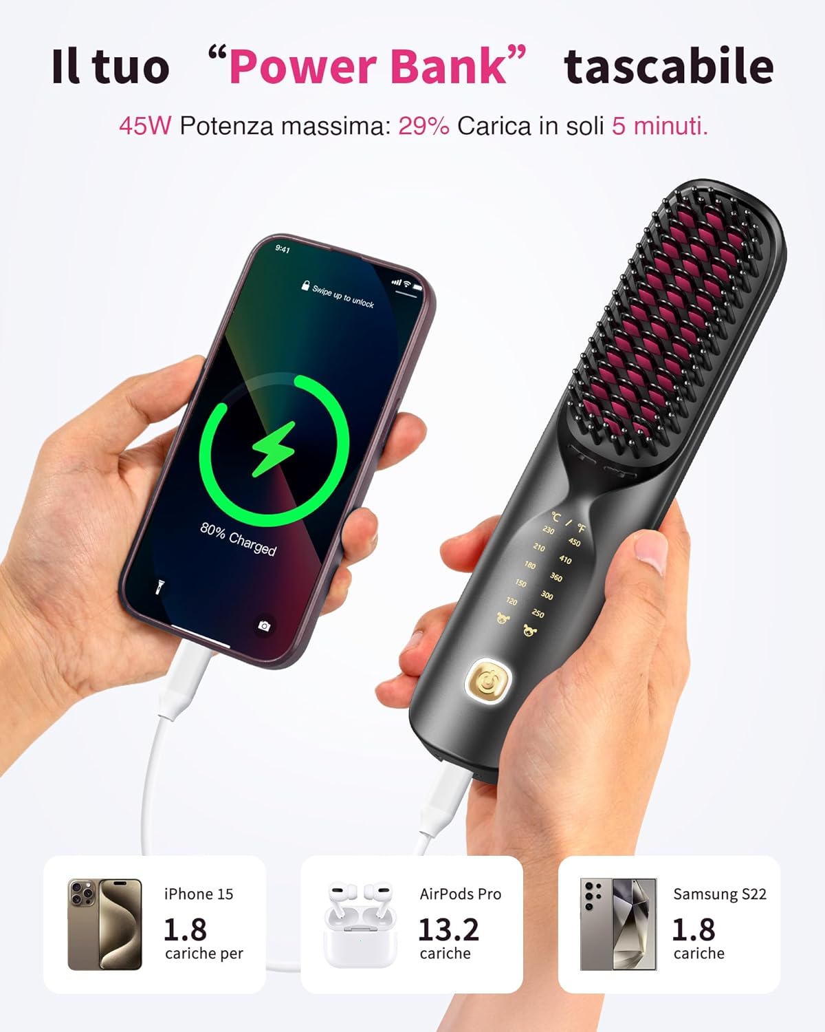 Thumbnail 6 de Bopcal Spazzola lisciante senza fili 10000 mAh 3 in 1 con 300 milioni di ioni negativi e ricarica powerbank