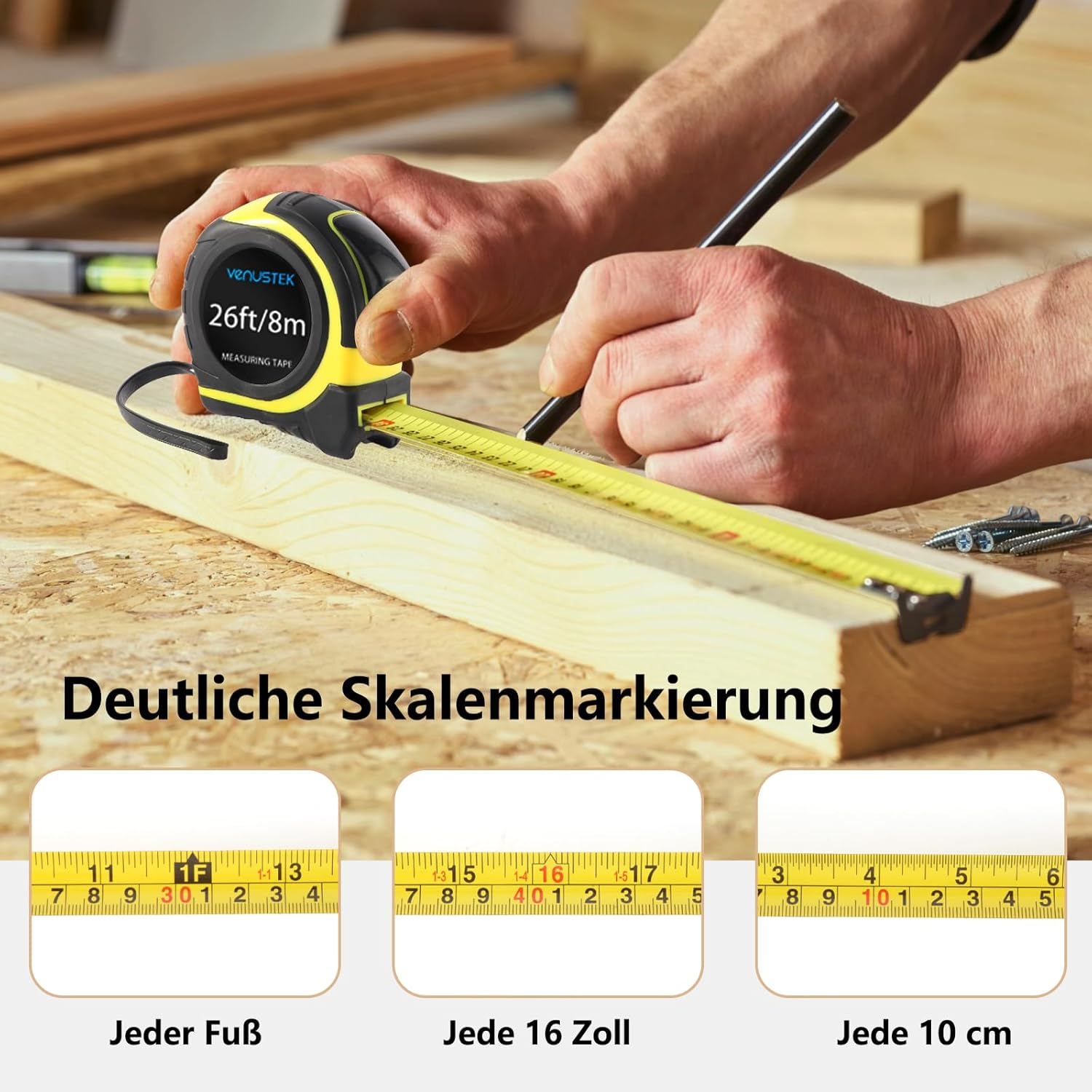 Thumbnail 2 de VENUSTEK Maßband 8 m – Profi Bandmaß mit Gürtelclip, Feststeller & doppelter Skala (mm/Zoll)