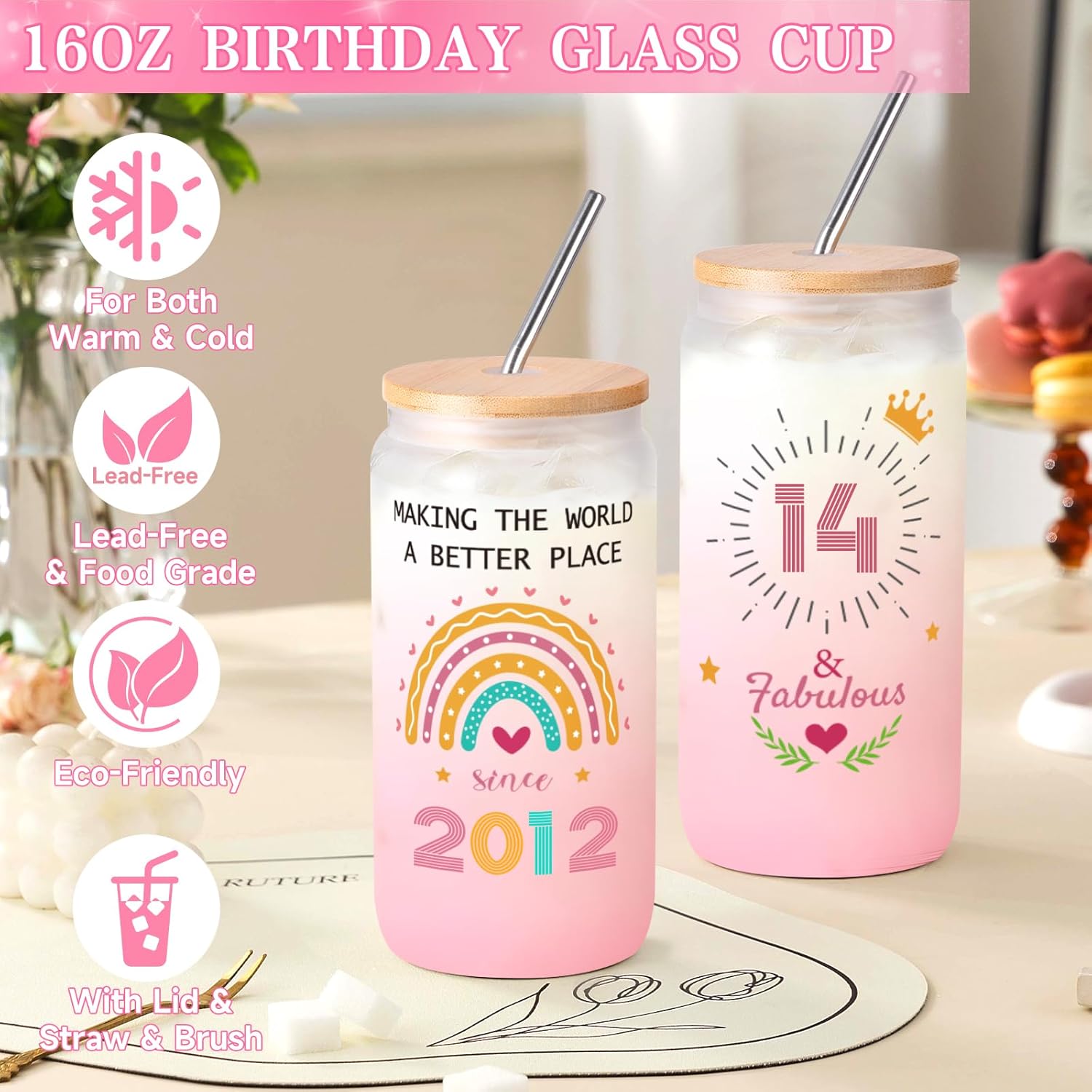 Thumbnail 2 de Frerdui 14th Birthday Gifts for Girls – Complete 14th Birthday Gift Set with Pearl Necklace, Glass Cup & Decorations
