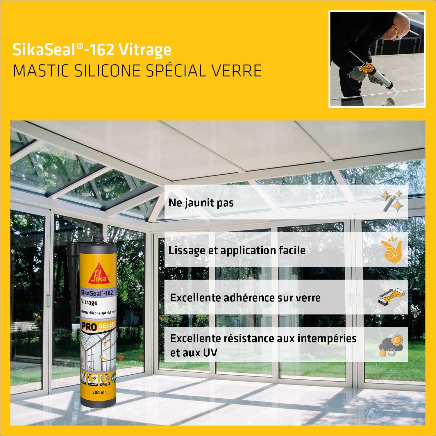 Thumbnail 3 de SikaSeal-162 Verre noir – Mastic silicone spécial verre pour vitrages, verrières et serres (300 ml)