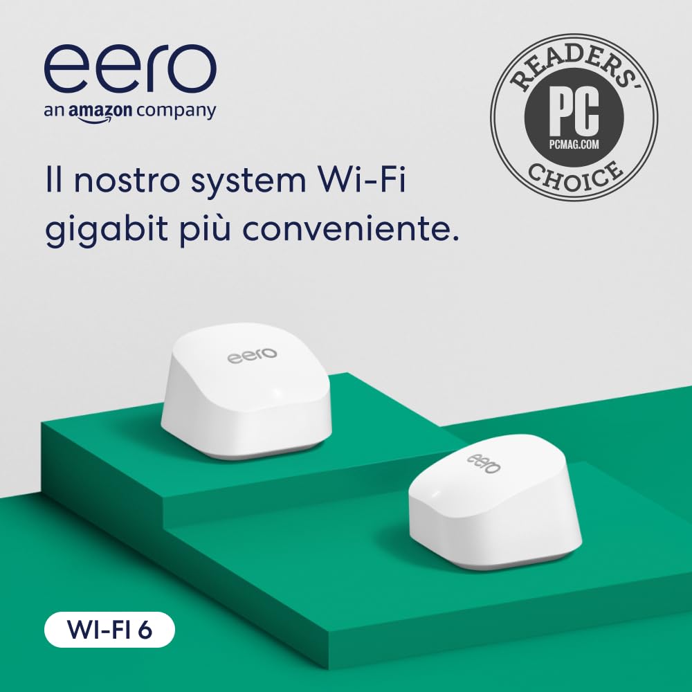 Detalle de Amazon eero 6+ Mesh Wi‑Fi (modello 2022), kit da 2 router con Ethernet 1 Gbps, copertura fino a 280 m²