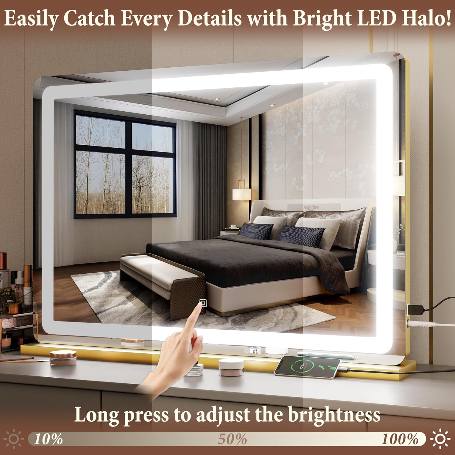 Thumbnail 2 de FENNIO Vanity Mirror with Lights 32"x22" — Lighted Makeup Mirror with 3-Color Lighting, Touch Sensor & USB Charging (Gold)