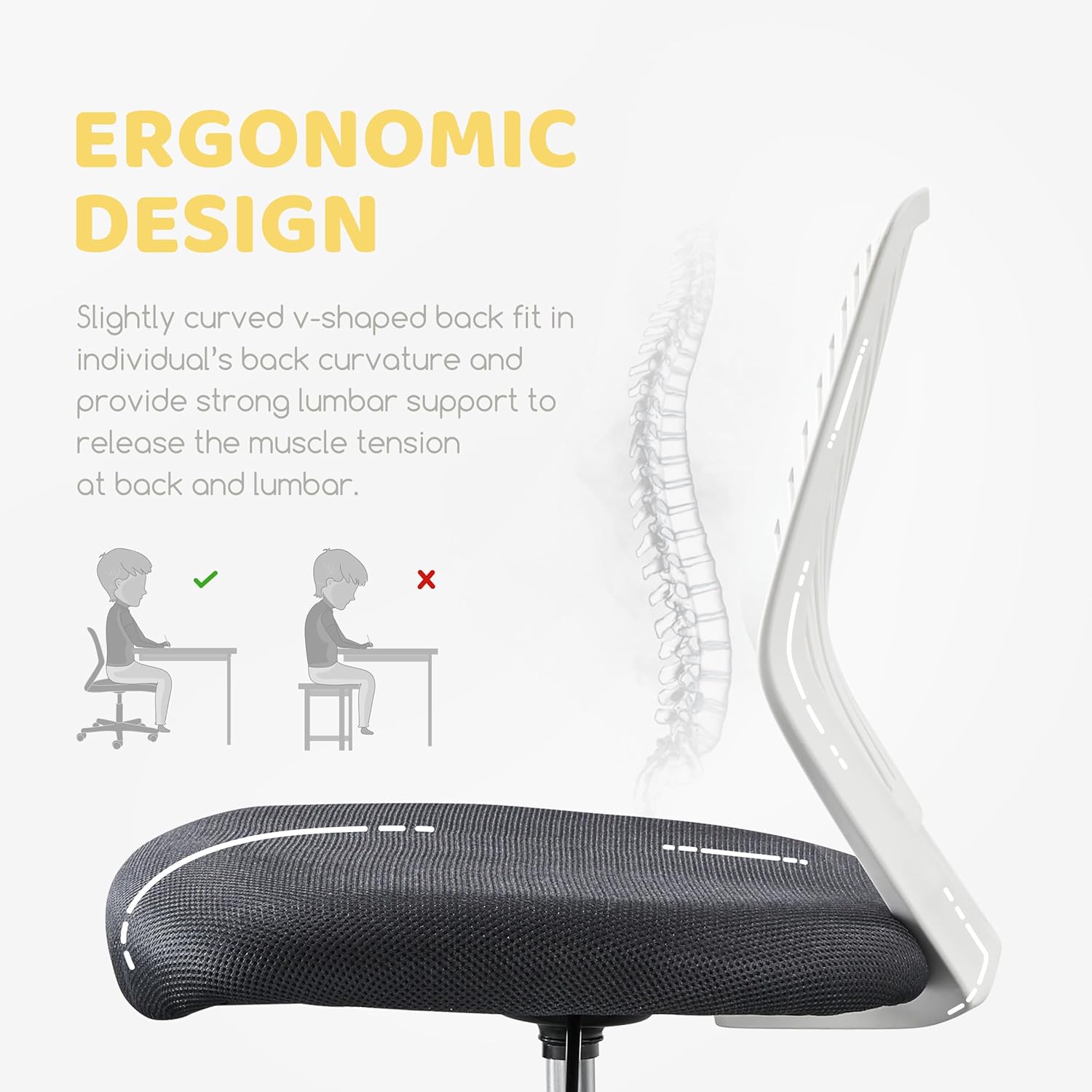 Thumbnail 3 de Yaheetech Sedia Ufficio Ergonomica senza Braccioli – Schienale a S, Altezza Regolabile e Portata 136 kg, Grigio Scuro